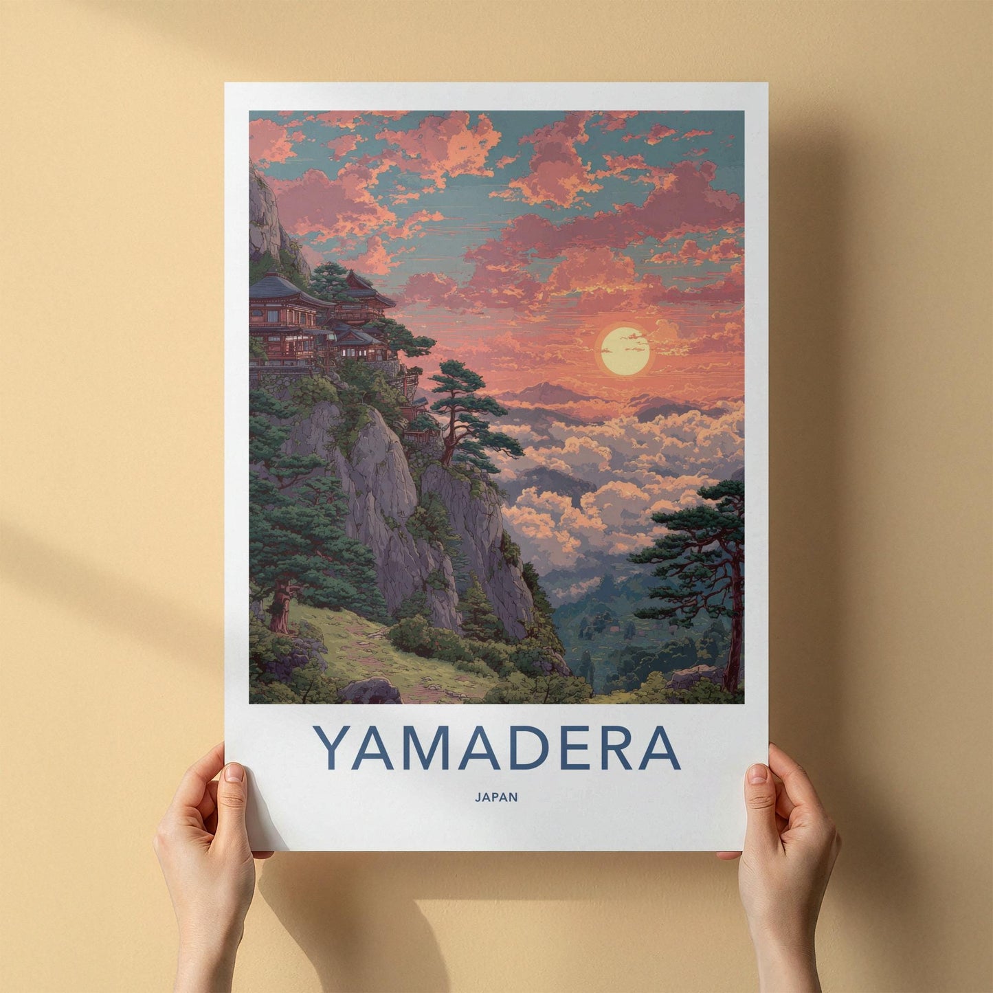 Yamadera Poster - Japan Travel Art - Mountain Temple Sunset Home Decor