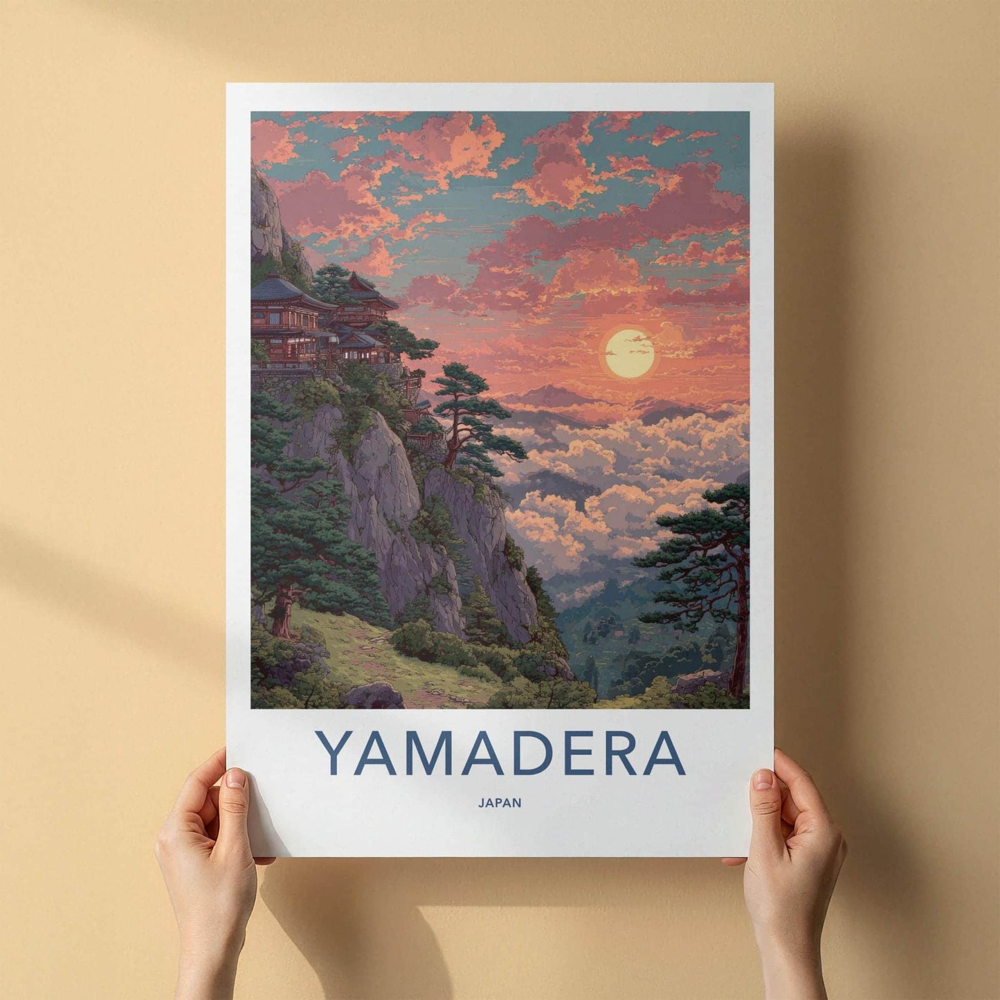 Yamadera Poster - Japan Travel Art - Mountain Temple Sunset Home Decor