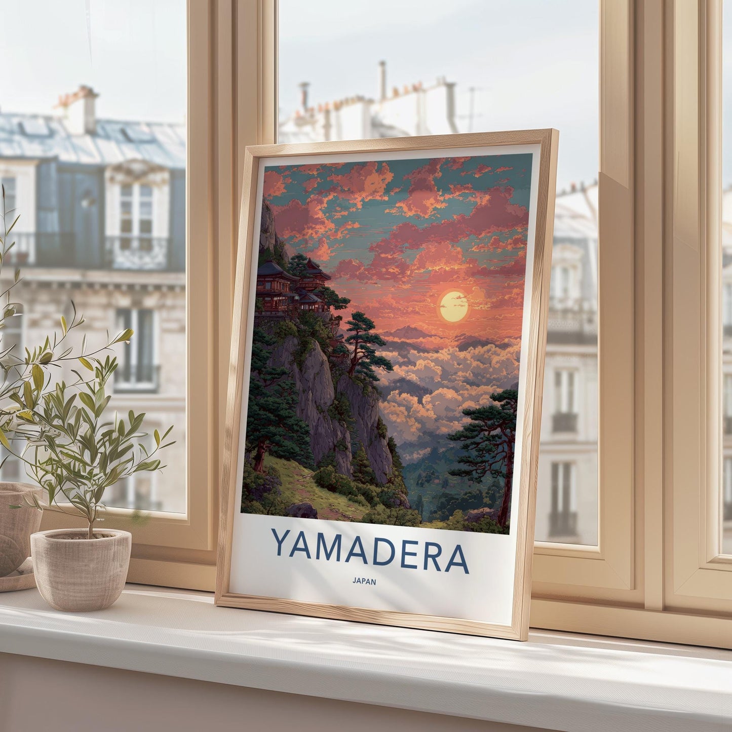 Yamadera Poster - Japan Travel Art - Mountain Temple Sunset Home Decor