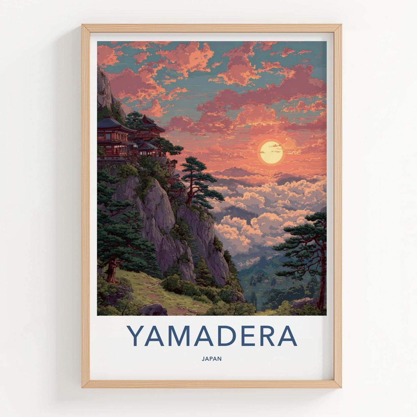 Yamadera Poster - Japan Travel Art - Mountain Temple Sunset Home Decor