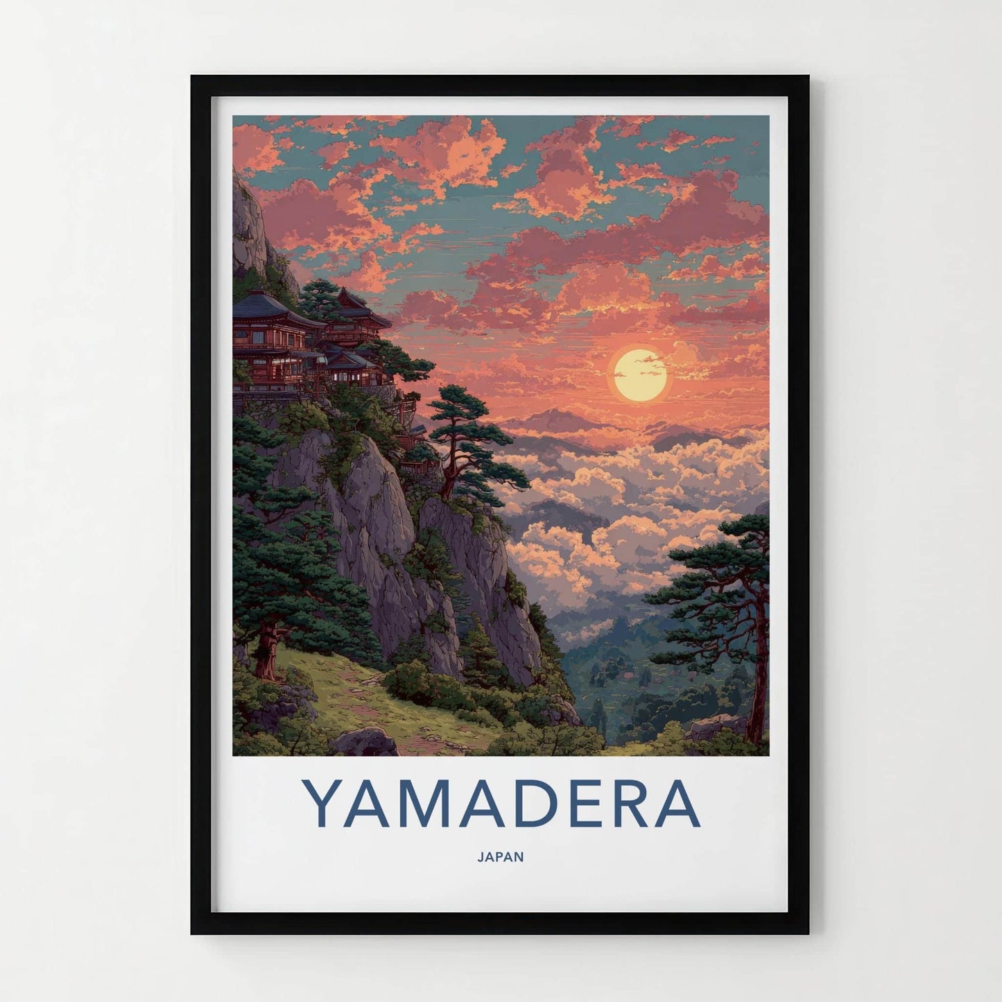 Yamadera Poster - Japan Travel Art - Mountain Temple Sunset Home Decor