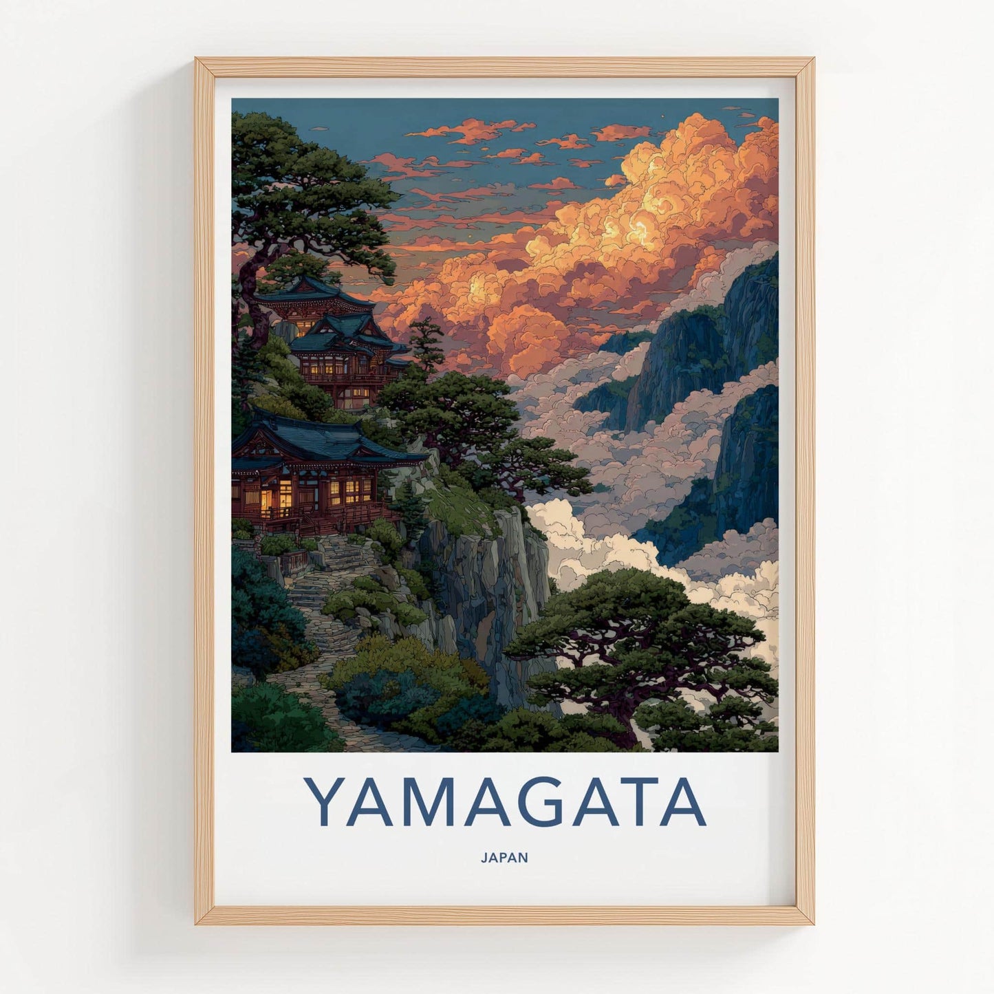 Yamagata Poster - Japan Art Print - Cloudy Mountain Temple Home Decor