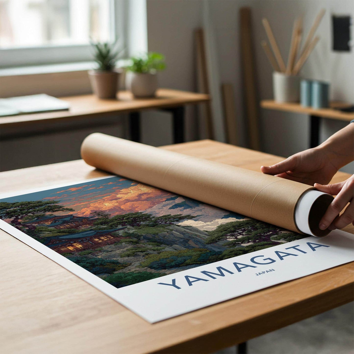 Yamagata Poster - Japan Art Print - Cloudy Mountain Temple Home Decor