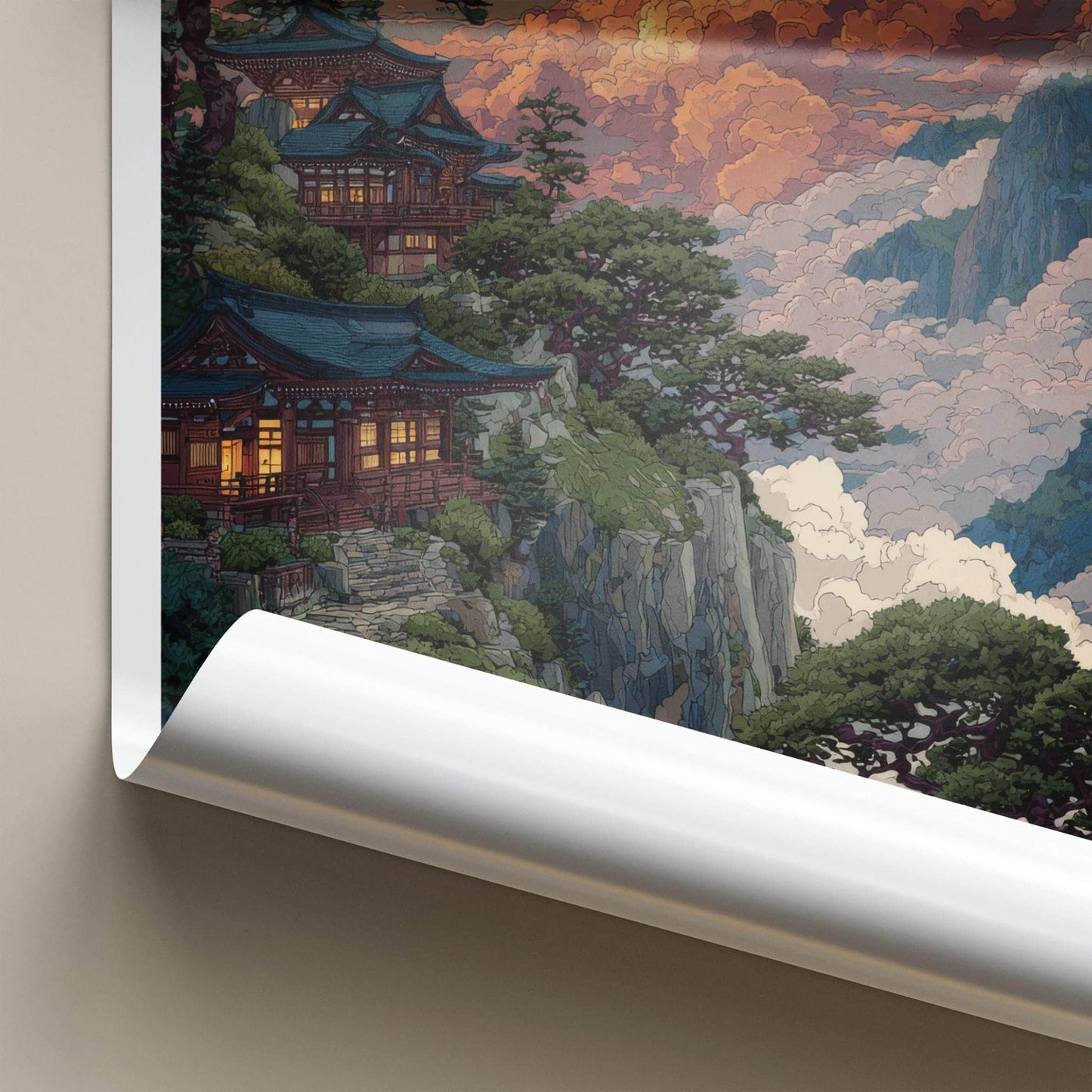 Yamagata Poster - Japan Art Print - Cloudy Mountain Temple Home Decor