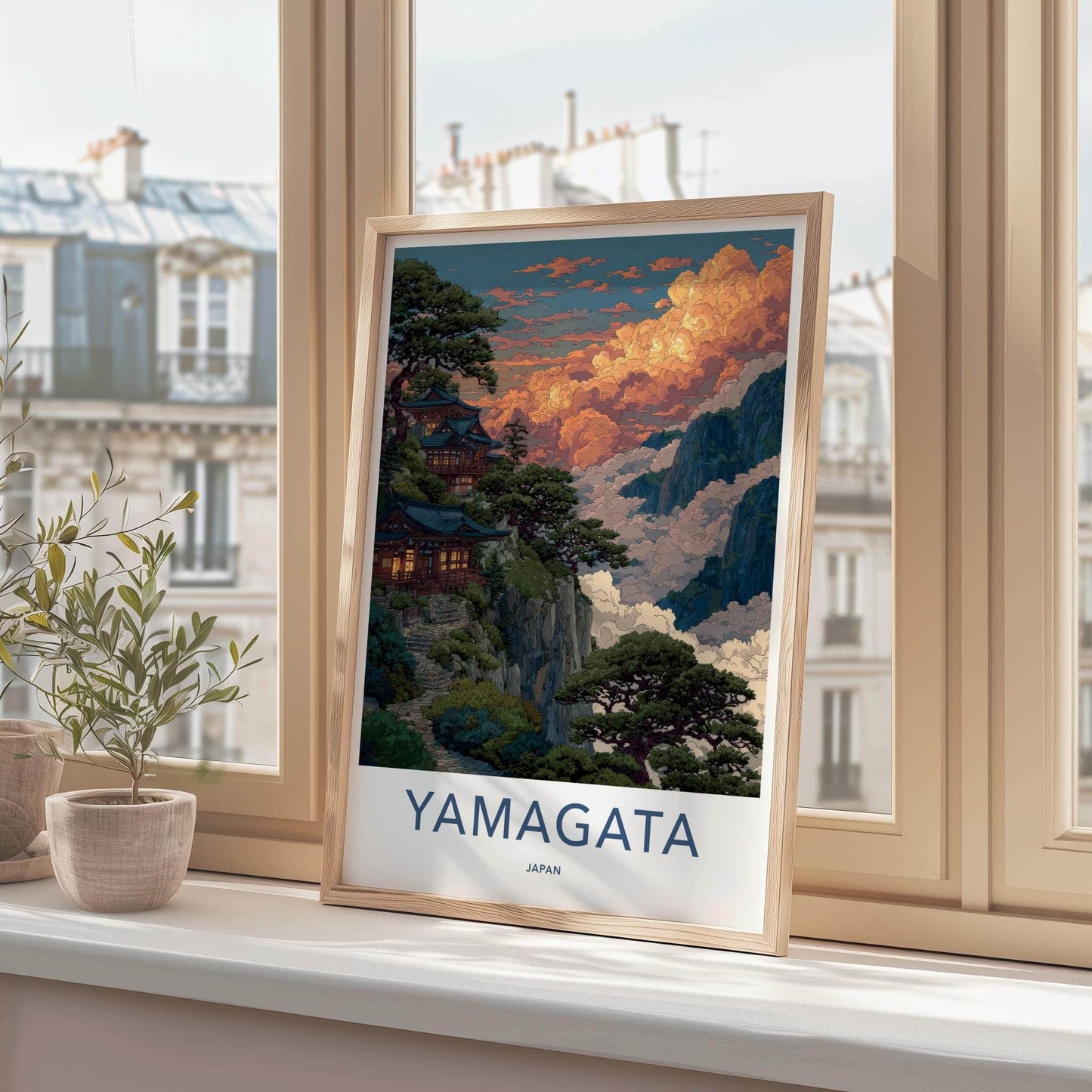 Yamagata Poster - Japan Art Print - Cloudy Mountain Temple Home Decor