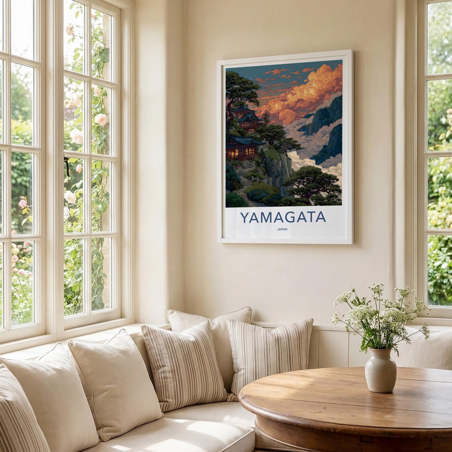 Yamagata Poster - Japan Art Print - Cloudy Mountain Temple Home Decor