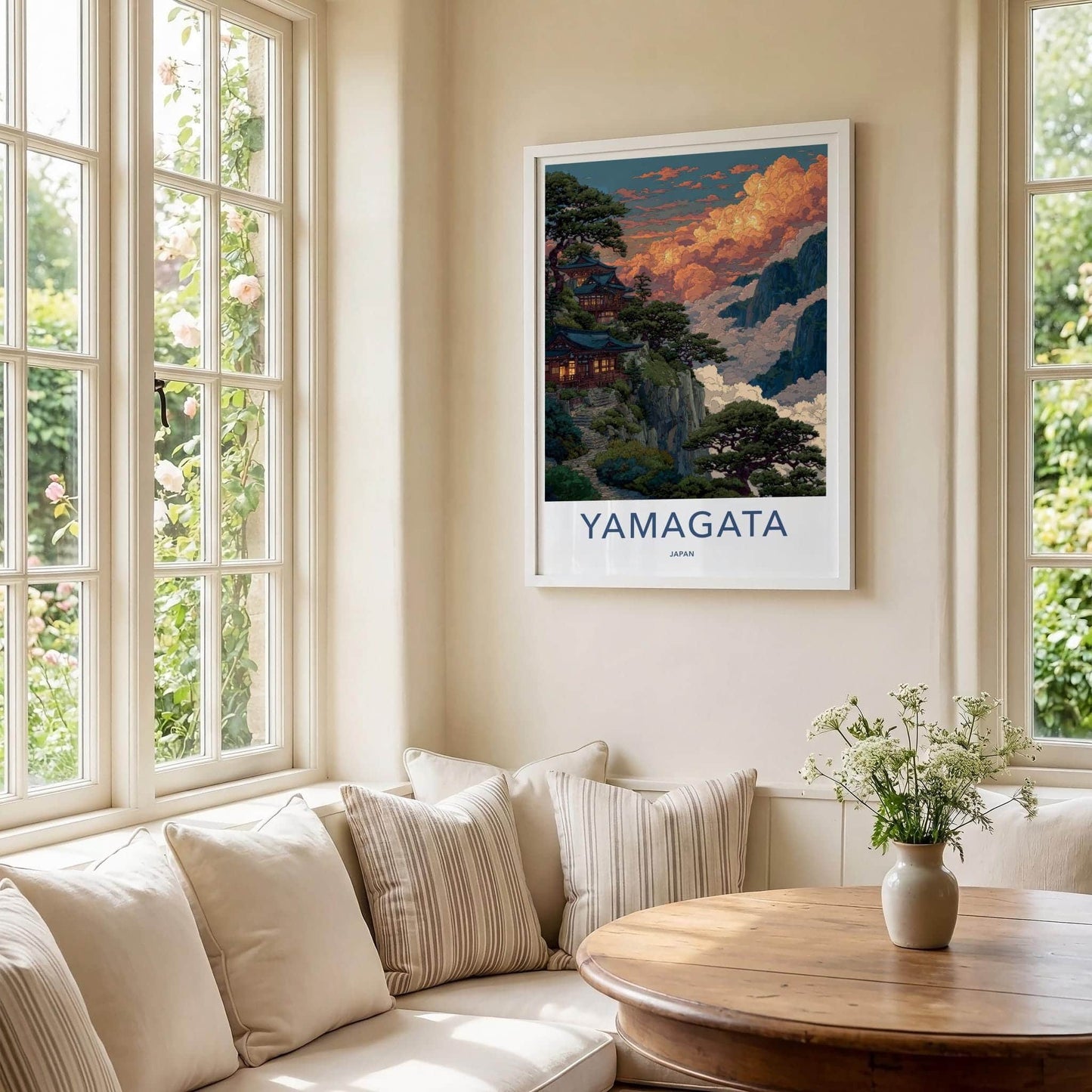 Yamagata Poster - Japan Art Print - Cloudy Mountain Temple Home Decor