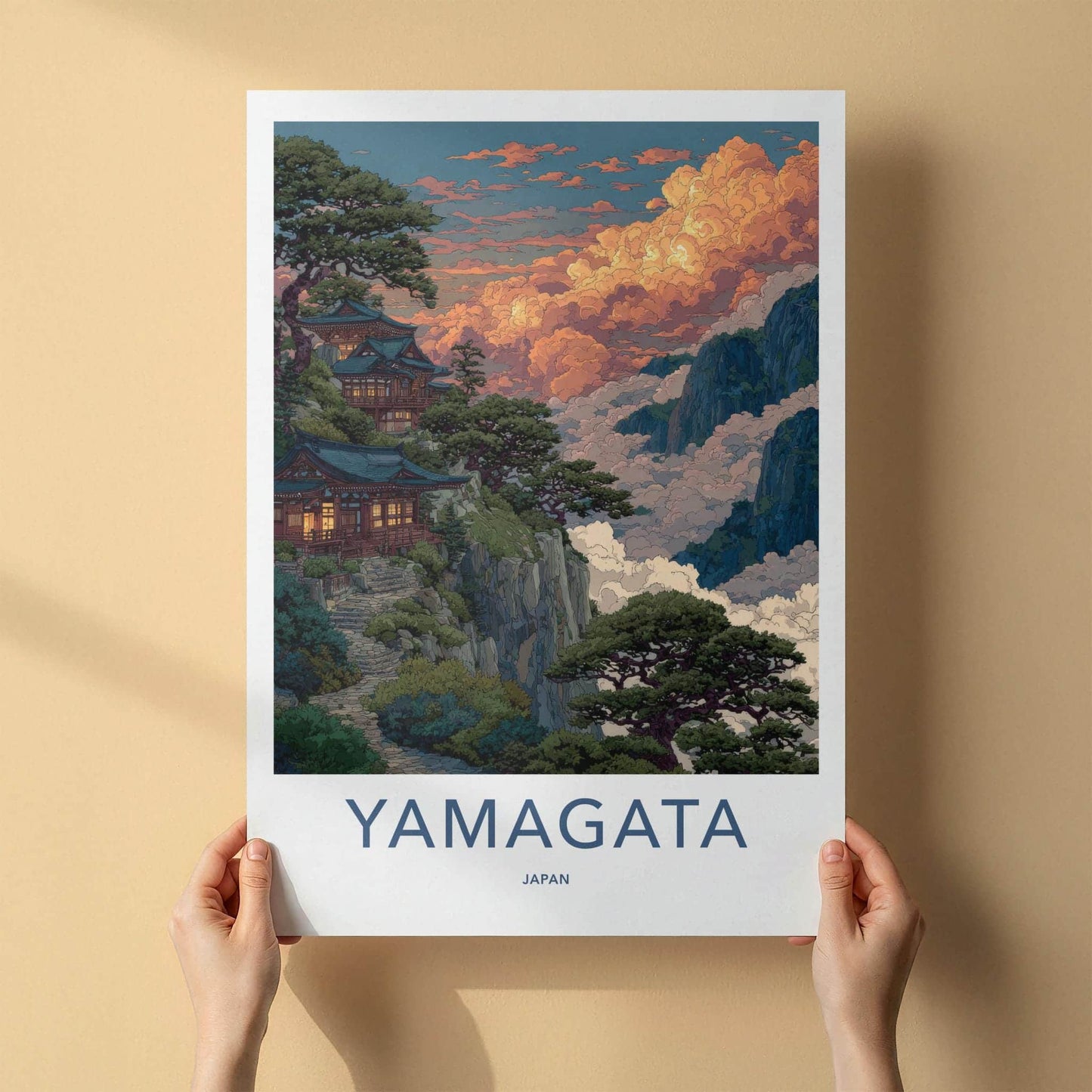 Yamagata Poster - Japan Art Print - Cloudy Mountain Temple Home Decor