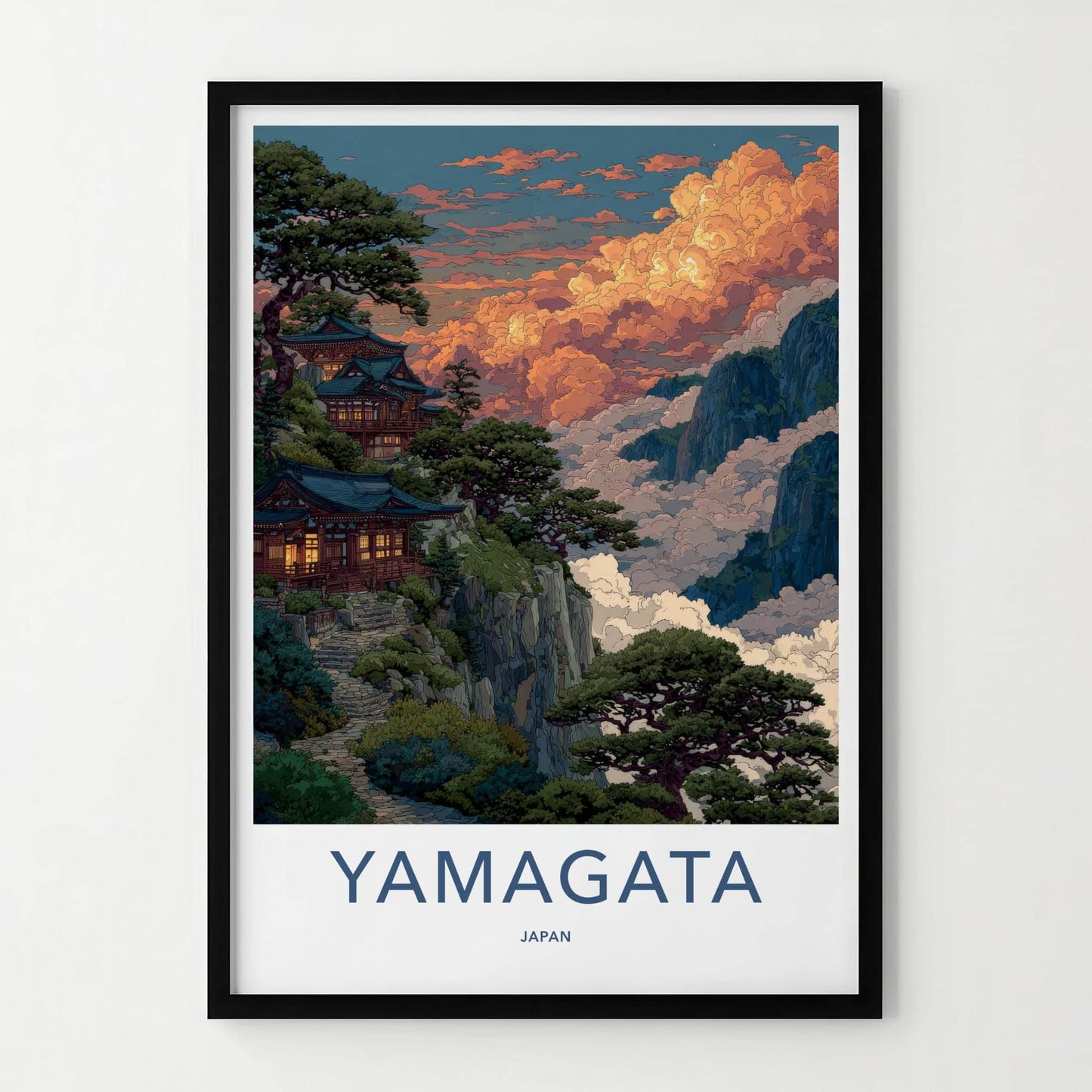 Yamagata Poster - Japan Art Print - Cloudy Mountain Temple Home Decor