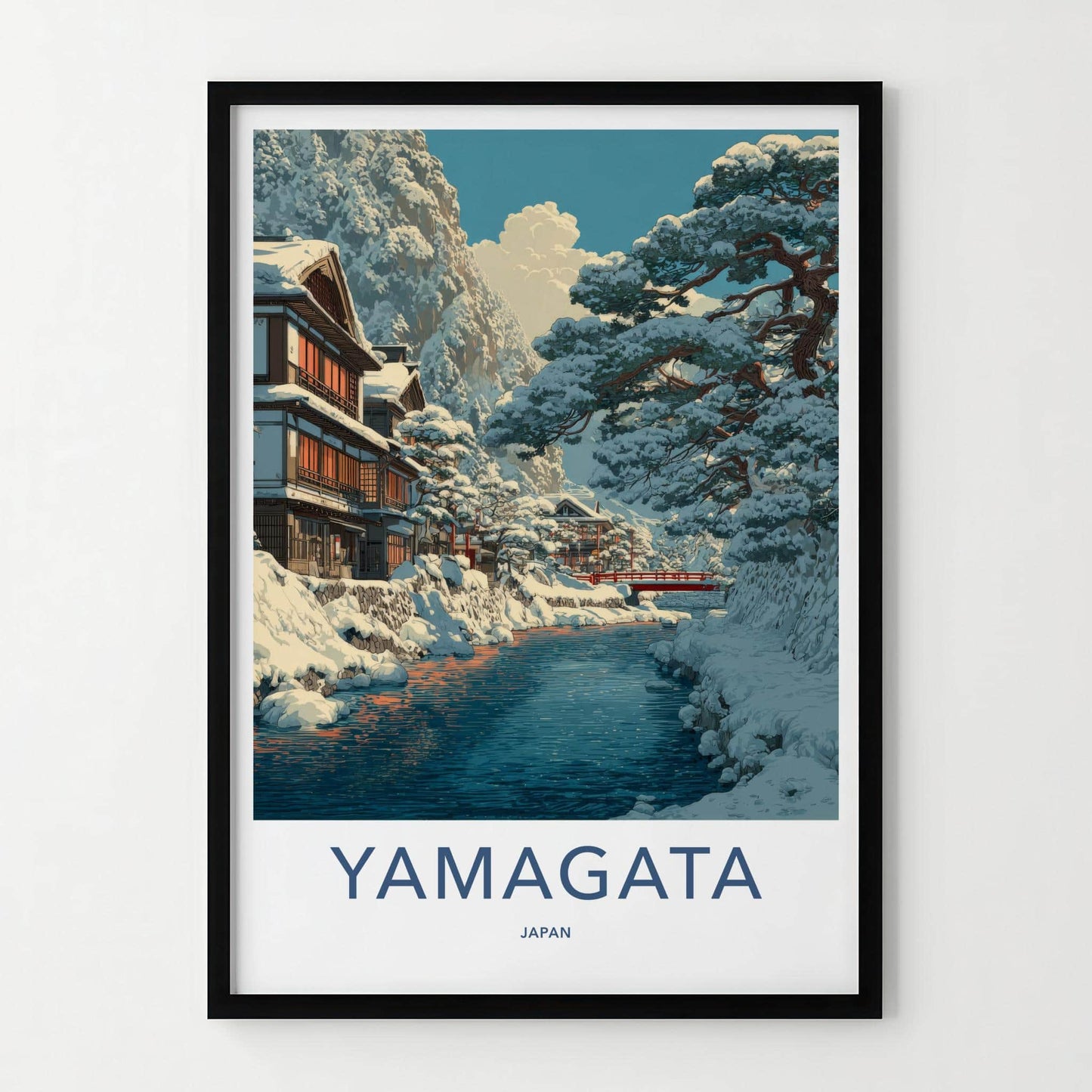 Yamagata Poster - Japan Framed Art - Snowy River Village Wall Decor