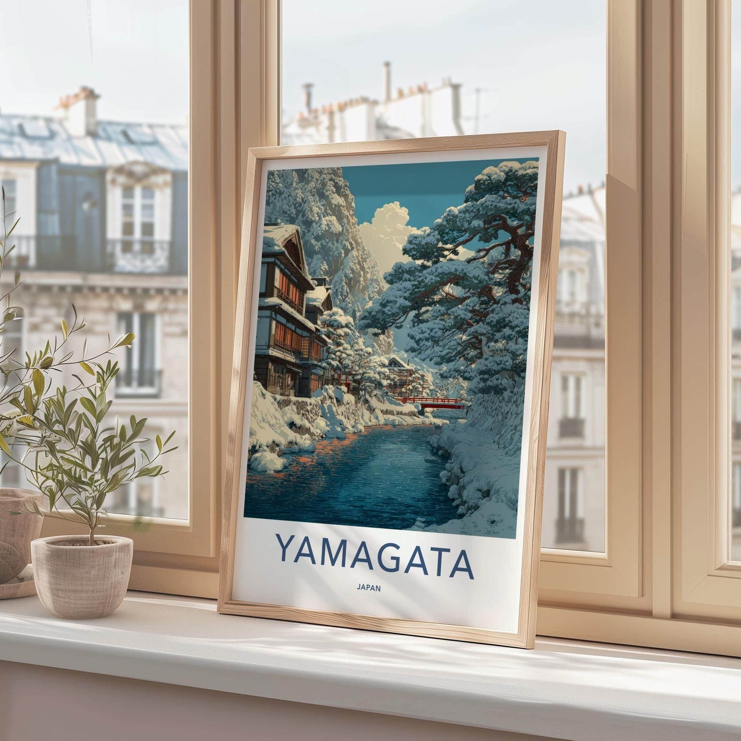 Yamagata Poster - Japan Framed Art - Snowy River Village Wall Decor