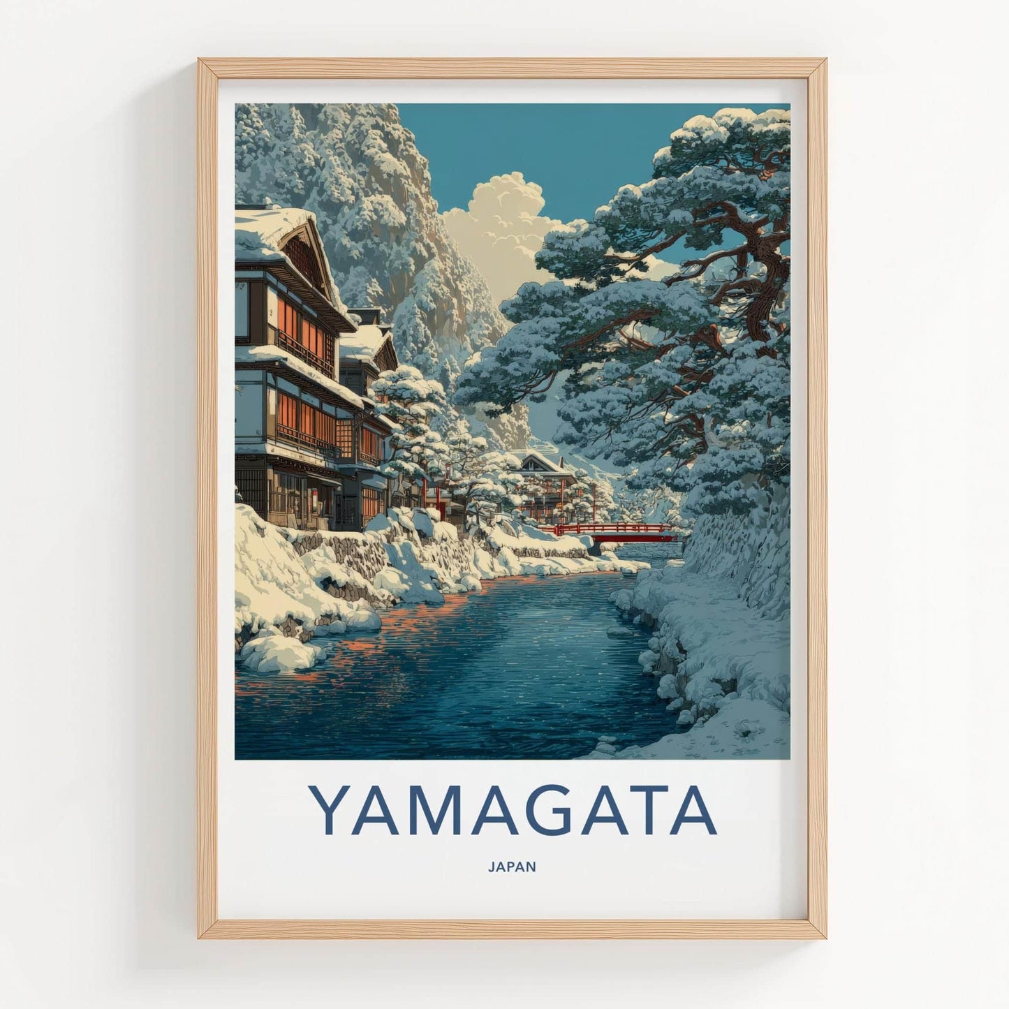 Yamagata Poster - Japan Framed Art - Snowy River Village Wall Decor