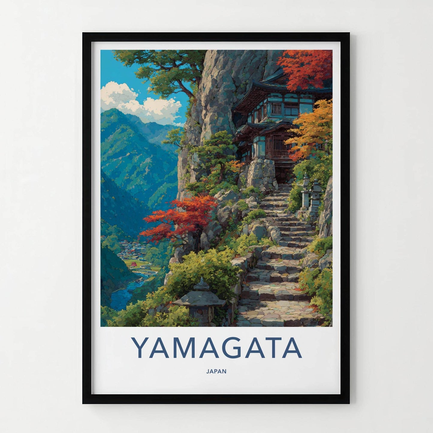 Yamagata Poster - Japan Travel Art - Autumn Cliffside Temple Home Decor