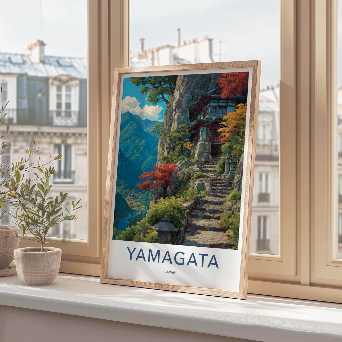 Yamagata Poster - Japan Travel Art - Autumn Cliffside Temple Home Decor