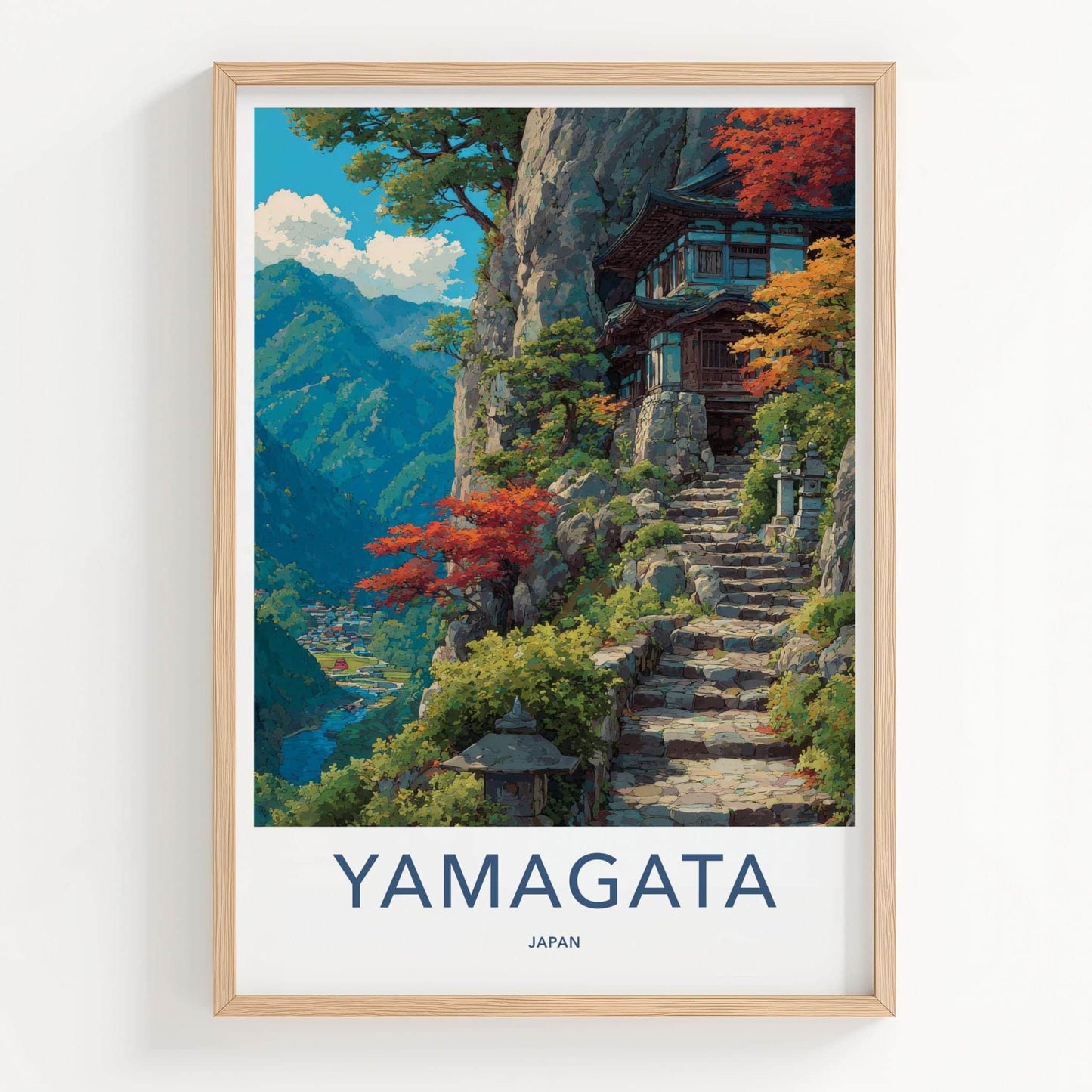 Yamagata Poster - Japan Travel Art - Autumn Cliffside Temple Home Decor