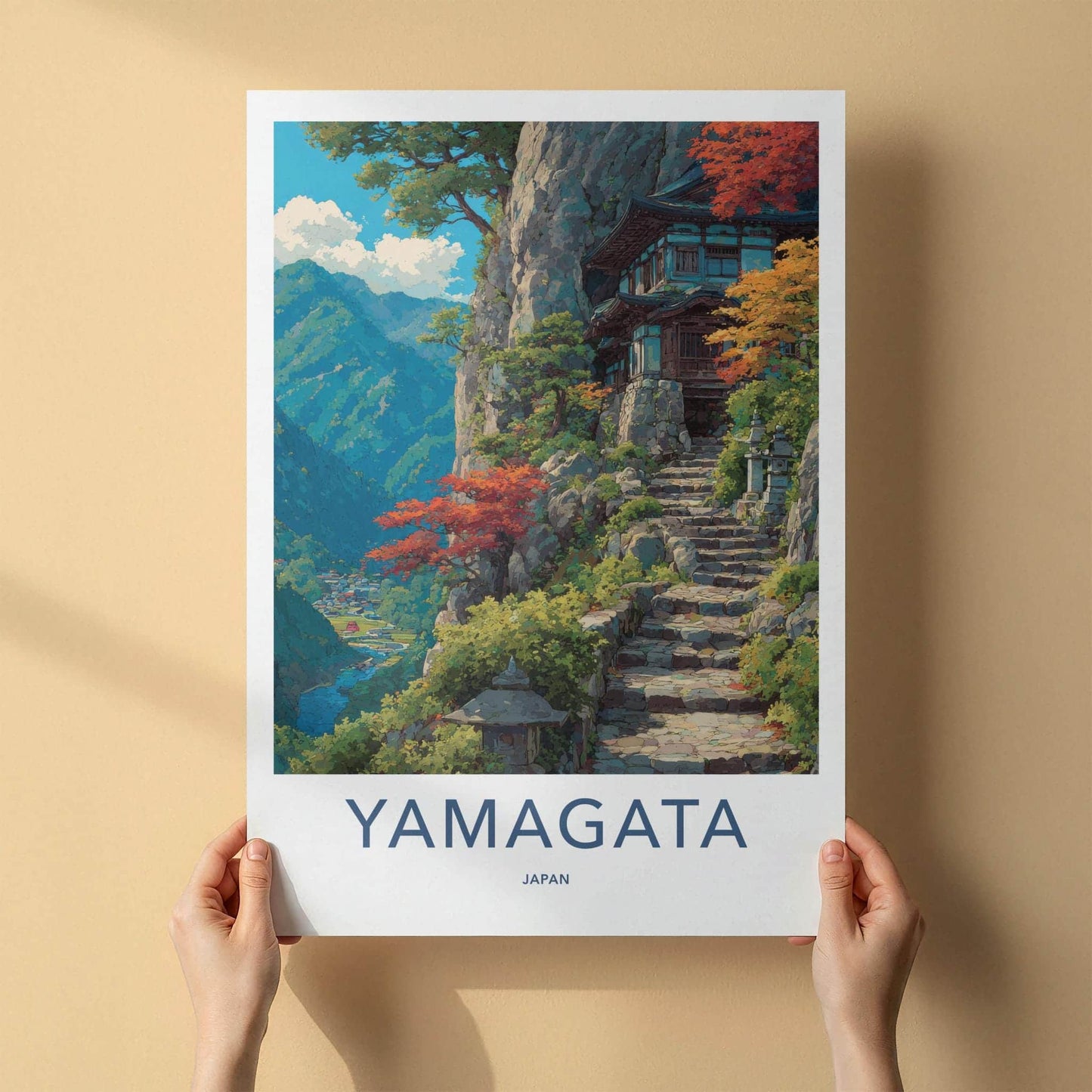 Yamagata Poster - Japan Travel Art - Autumn Cliffside Temple Home Decor