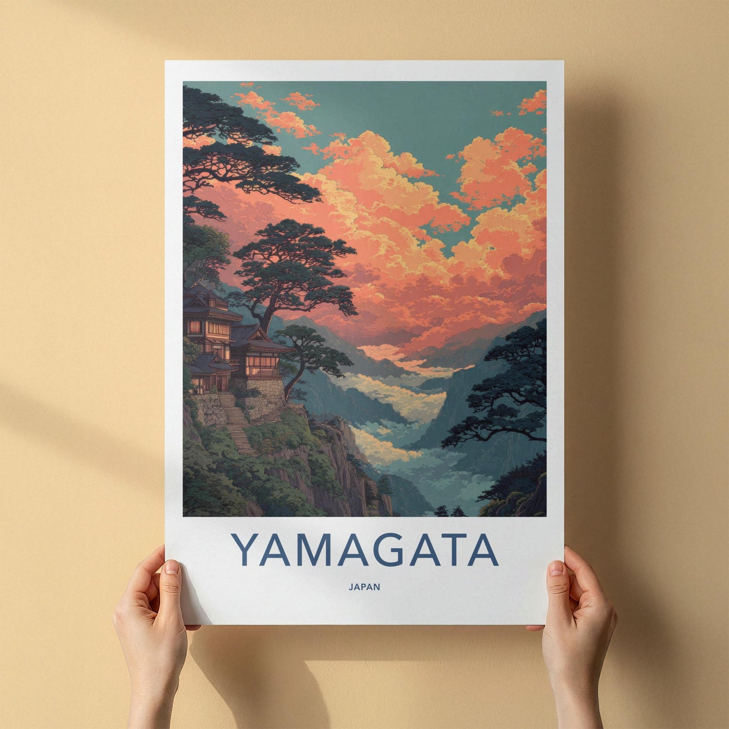 Yamagata Poster - Japan Travel Art - Orange Cloudscape Temple Wall Decor
