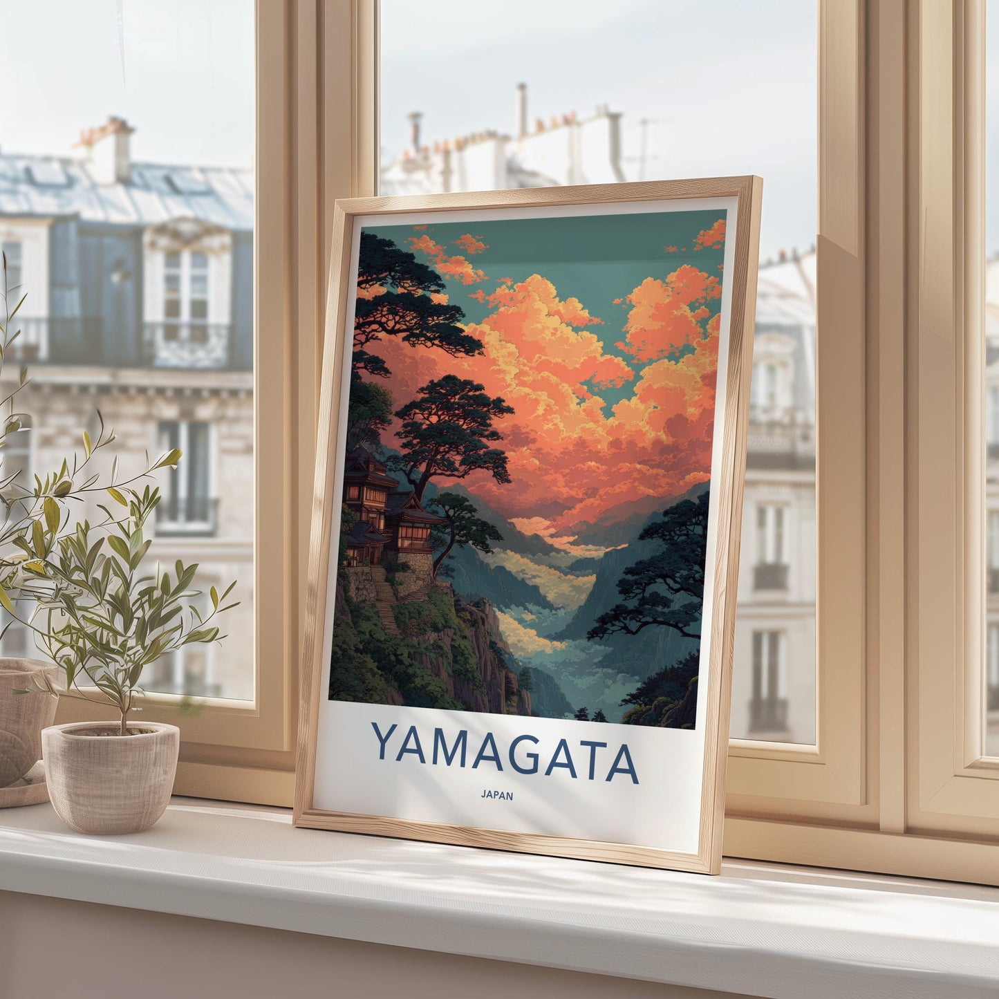 Yamagata Poster - Japan Travel Art - Orange Cloudscape Temple Wall Decor