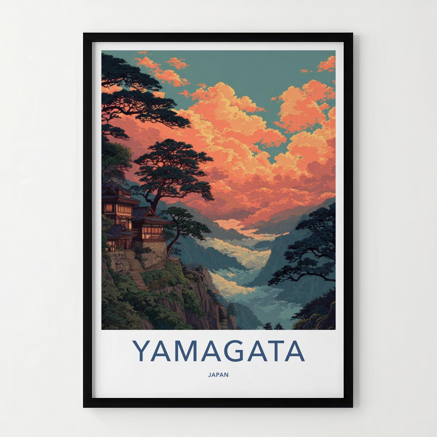 Yamagata Poster - Japan Travel Art - Orange Cloudscape Temple Wall Decor