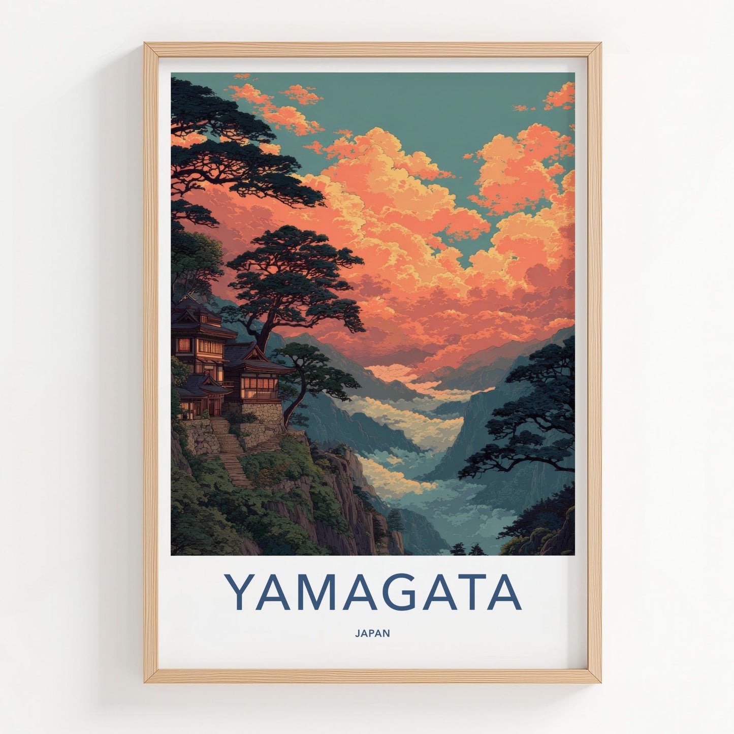 Yamagata Poster - Japan Travel Art - Orange Cloudscape Temple Wall Decor