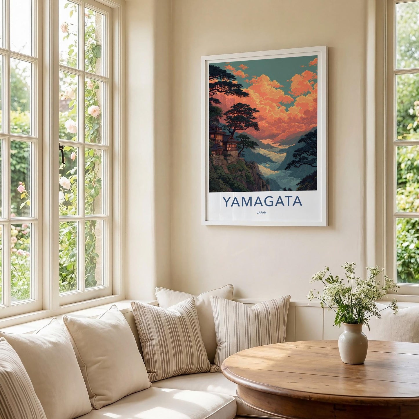 Yamagata Poster - Japan Travel Art - Orange Cloudscape Temple Wall Decor