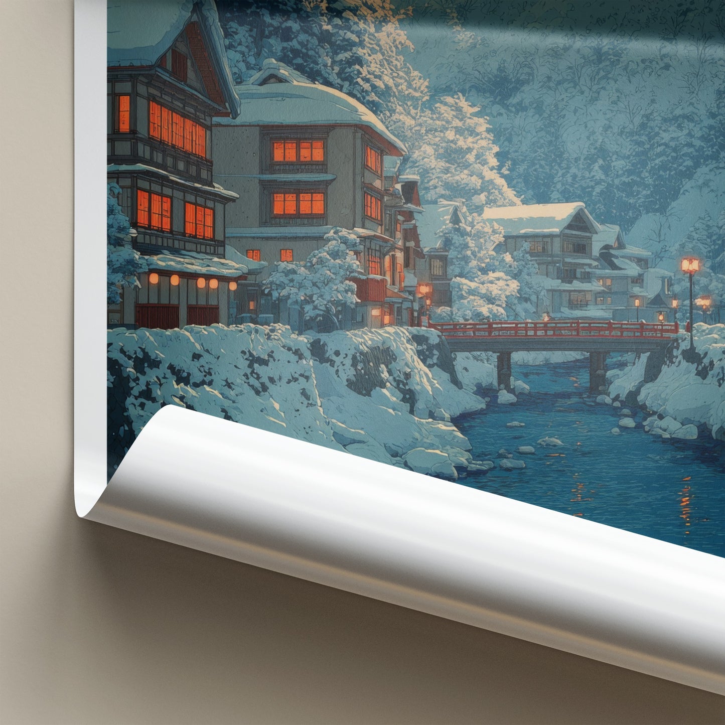 Yamagata Poster - Japan Travel Art - Snowy Village River Home Decor