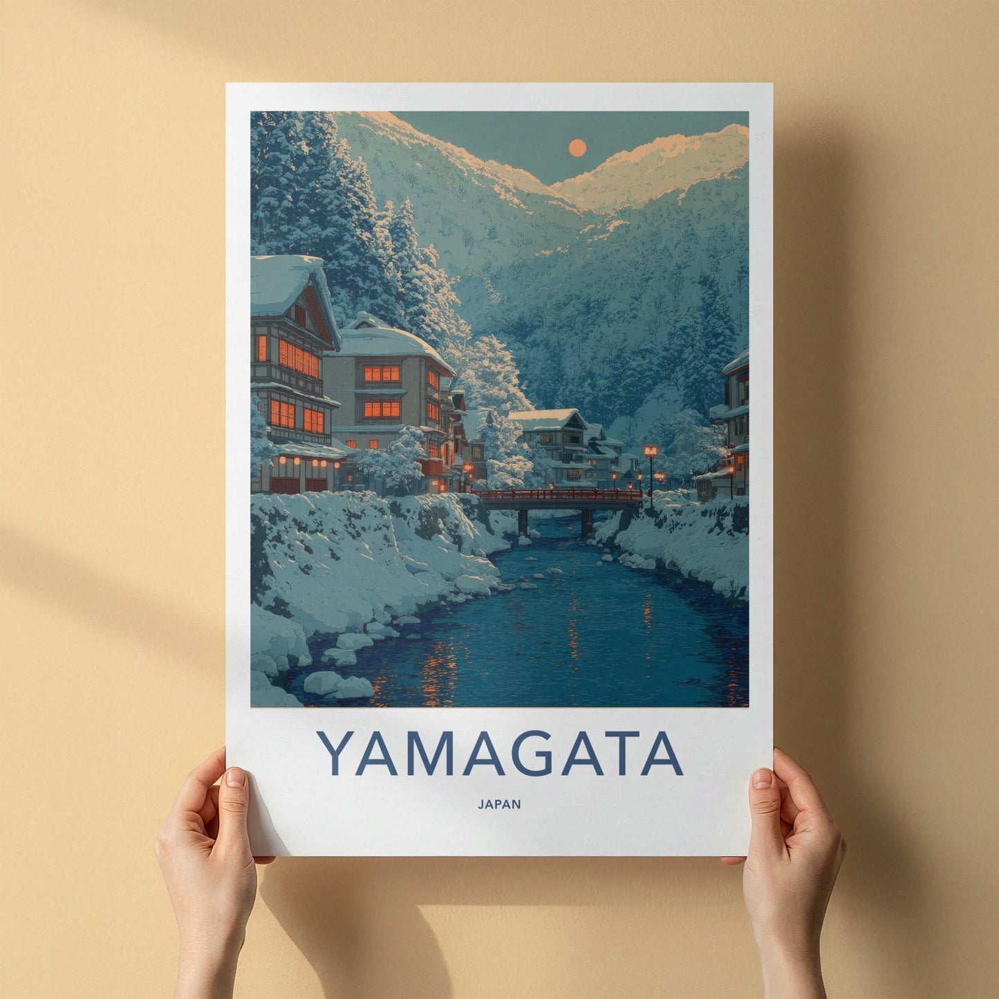 Yamagata Poster - Japan Travel Art - Snowy Village River Home Decor