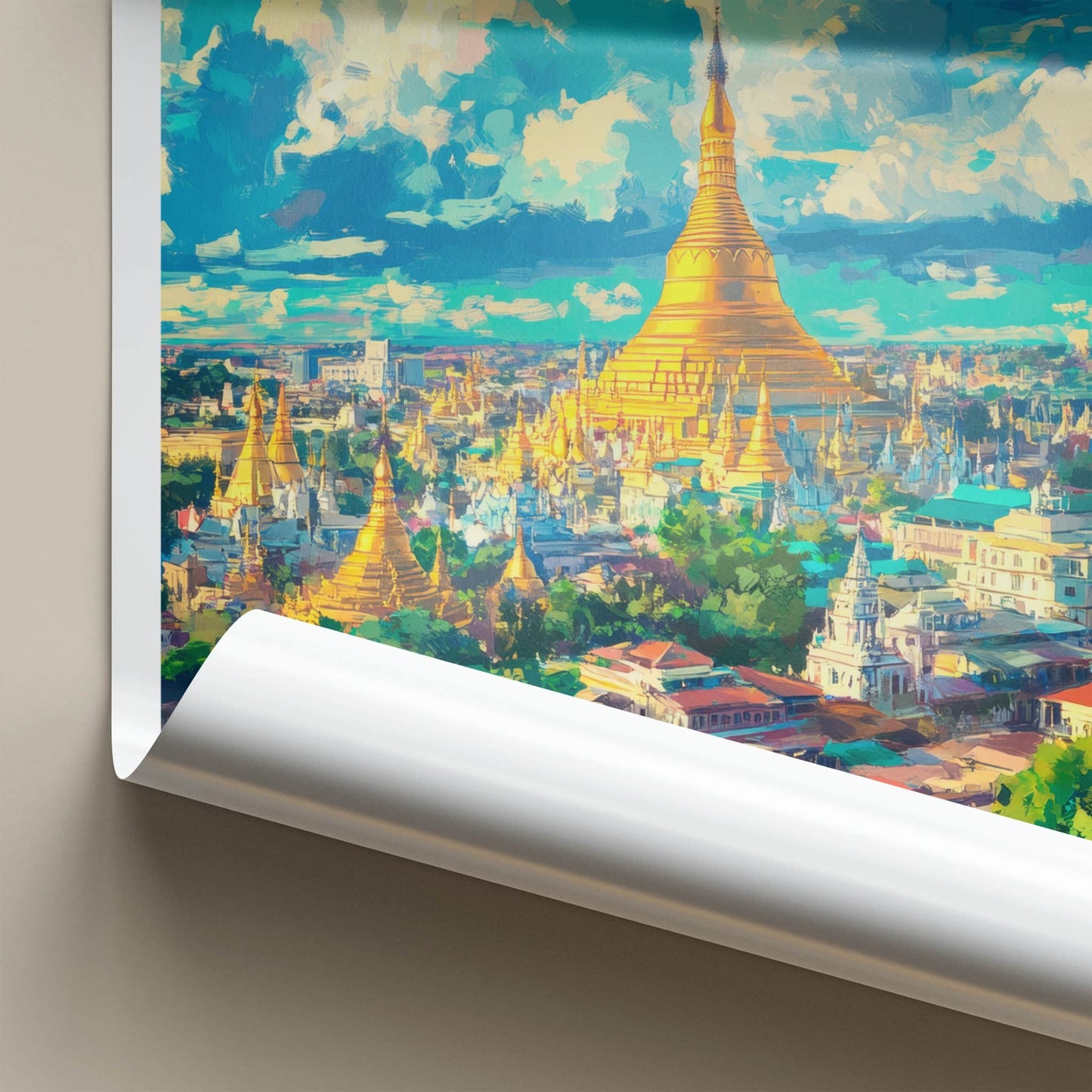 Yangon Poster - Myanmar Travel Art - Golden Pagoda Cityscape Wall Decor