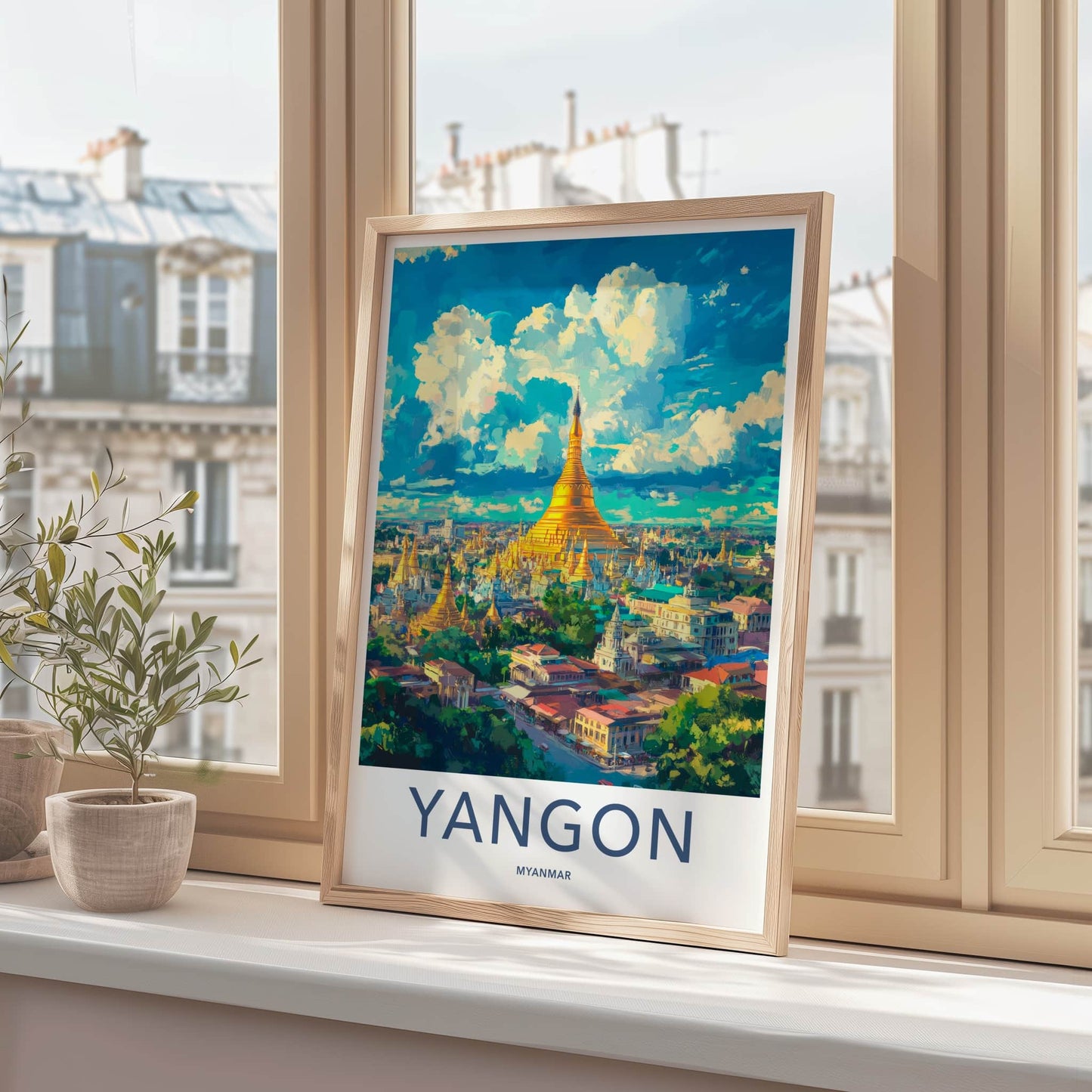 Yangon Poster - Myanmar Travel Art - Golden Pagoda Cityscape Wall Decor