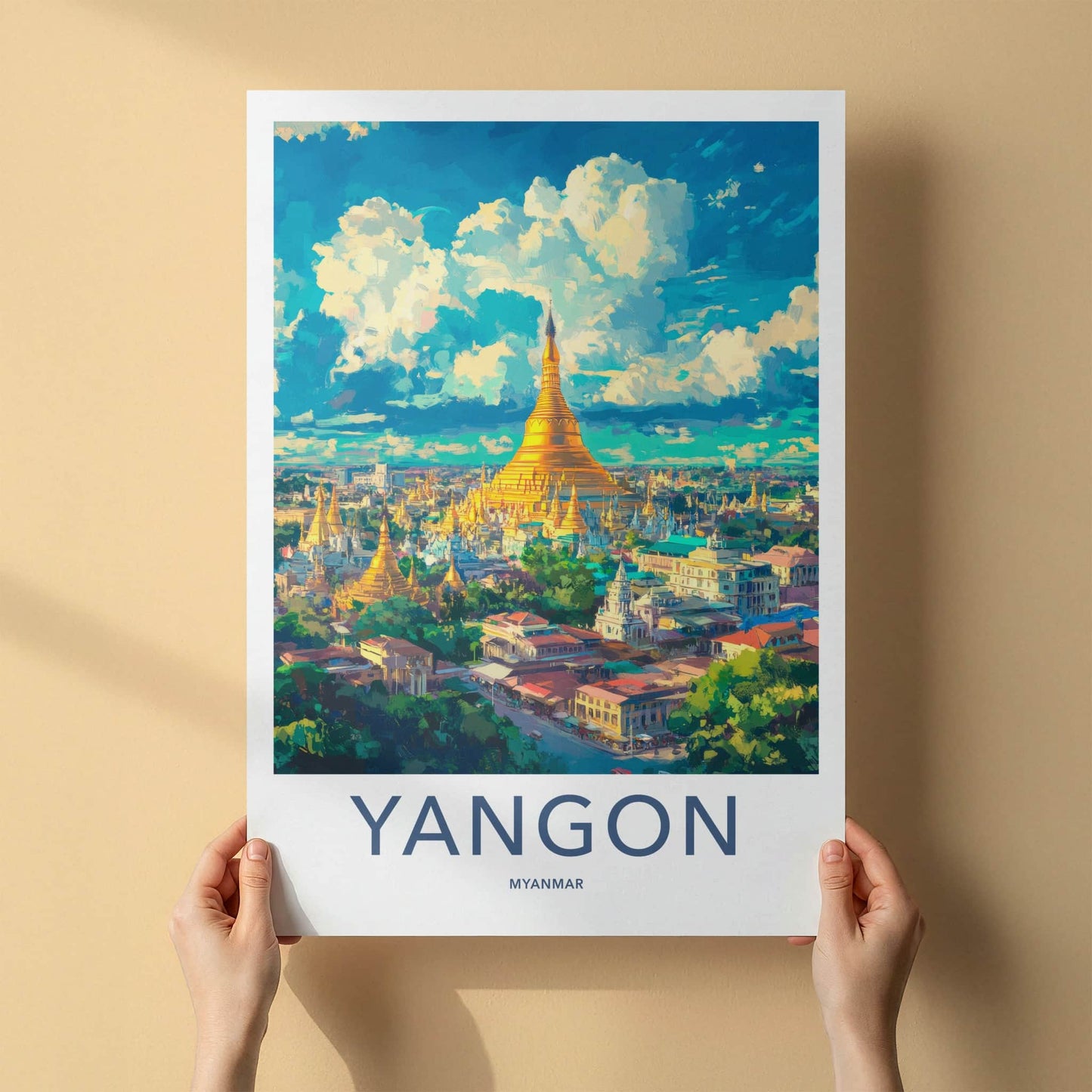 Yangon Poster - Myanmar Travel Art - Golden Pagoda Cityscape Wall Decor