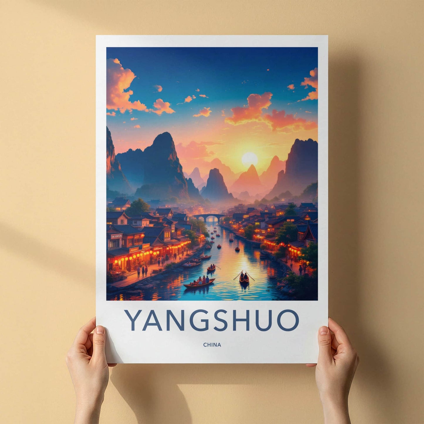 Yangshuo Poster - China Framed Print - River Sunset Boats Home Decor