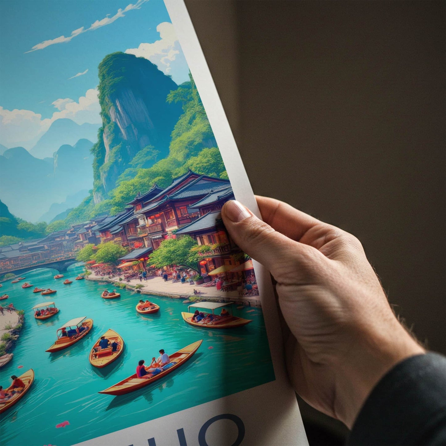 Yangshuo Poster - China Travel Art - Boating River Mountains Home Decor