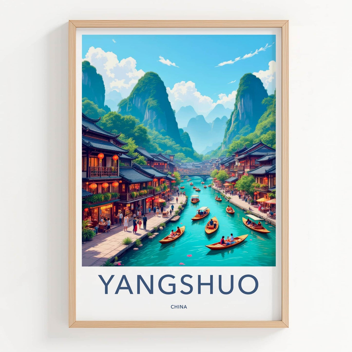 Yangshuo Poster - China Travel Art - Boating River Mountains Home Decor