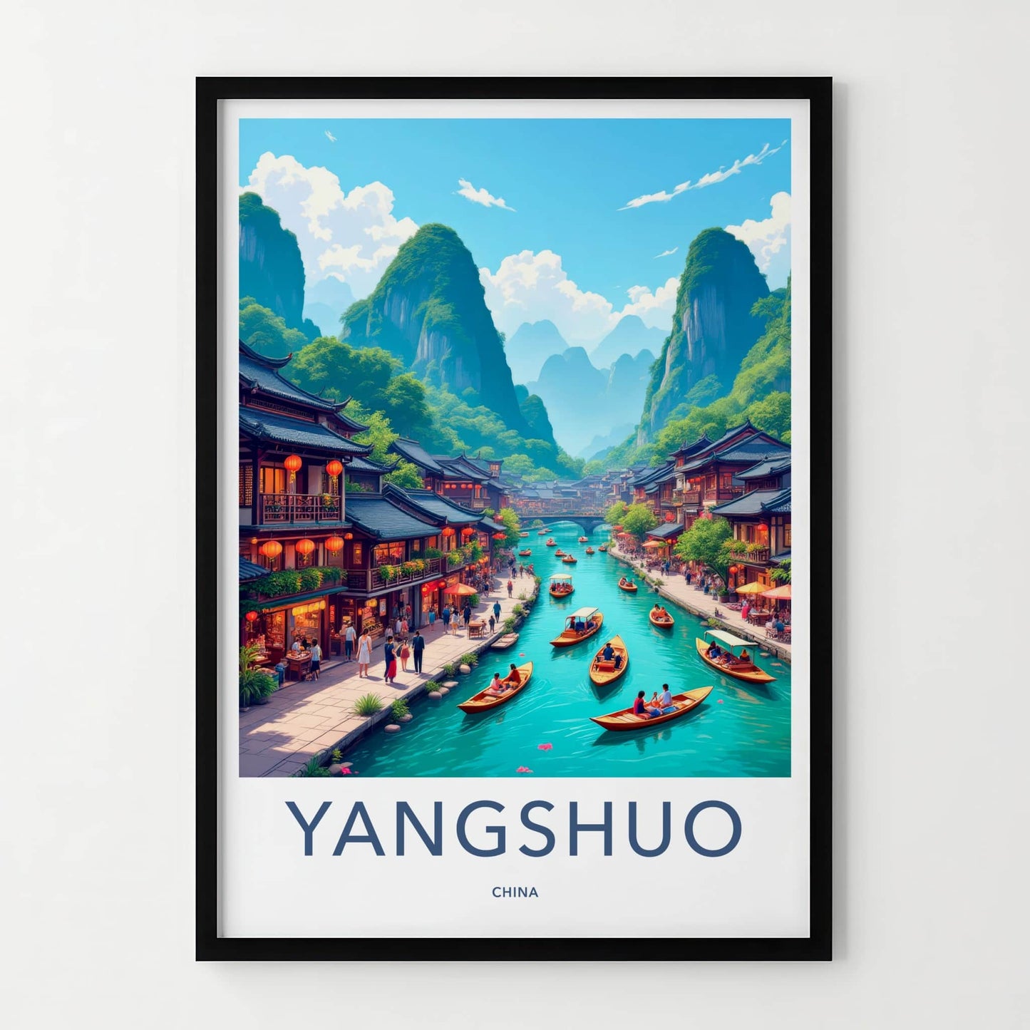 Yangshuo Poster - China Travel Art - Boating River Mountains Home Decor