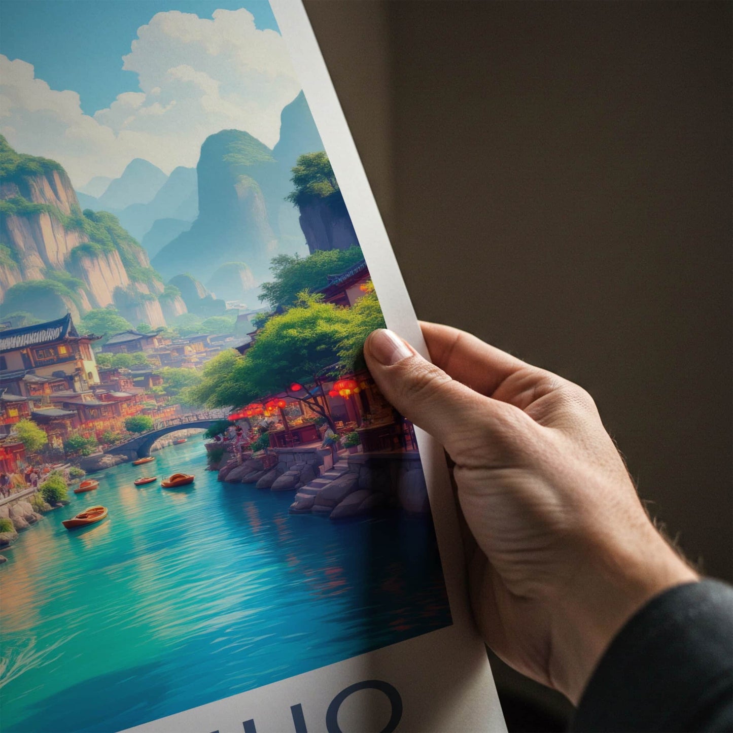 Yangshuo Poster - China Travel Art - River Village Mountains Home Decor