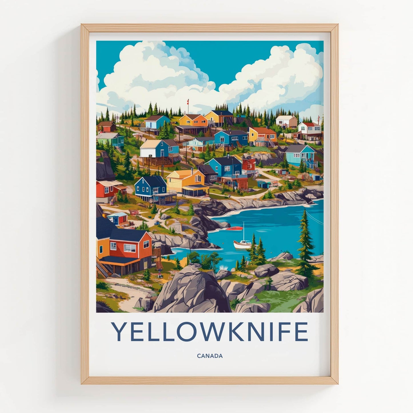 Yellowknife Poster - Canada Travel Art - Colorful Coastal Village Home Decor