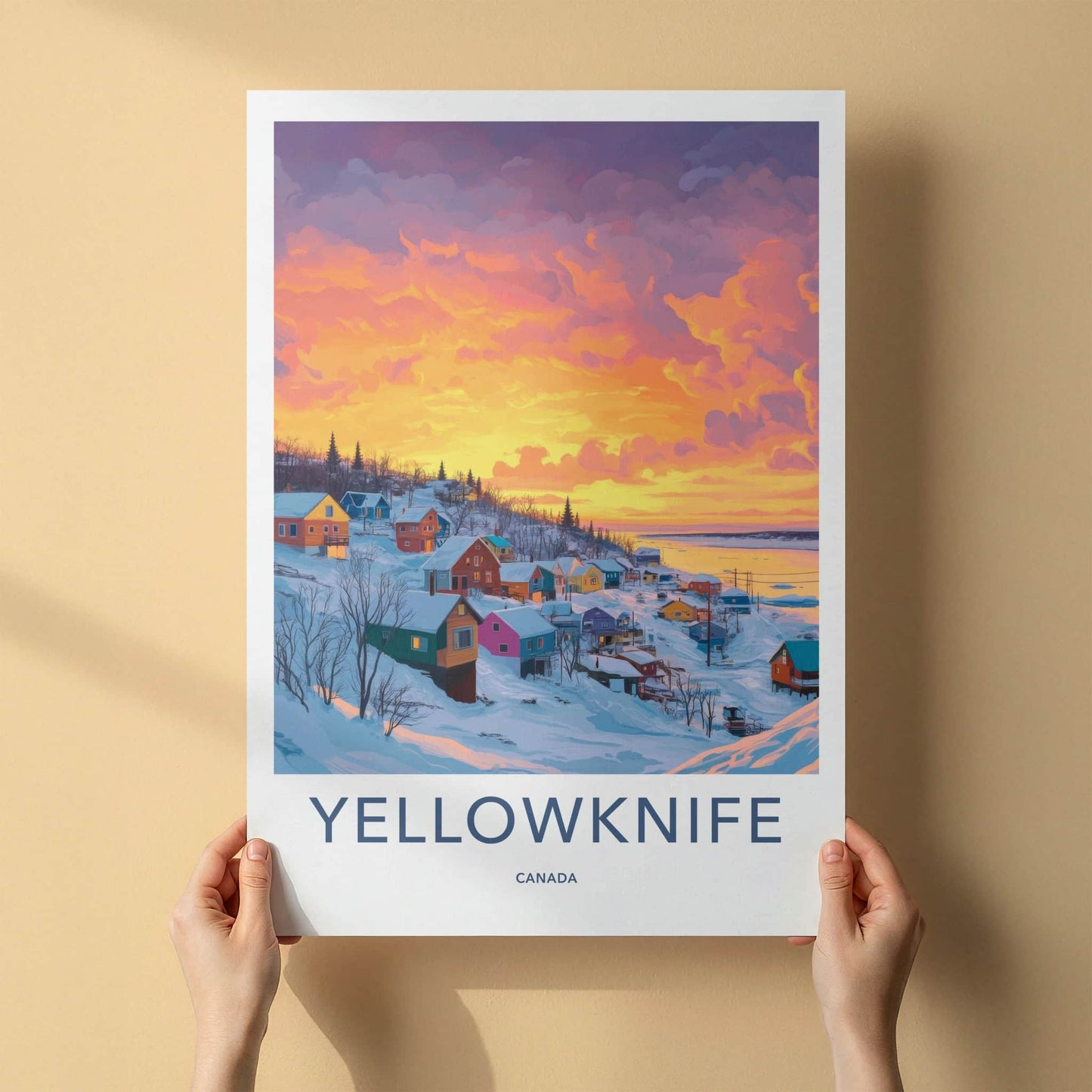 Yellowknife Poster - Canada Travel Art - Snowy Village Sunset Home Decor