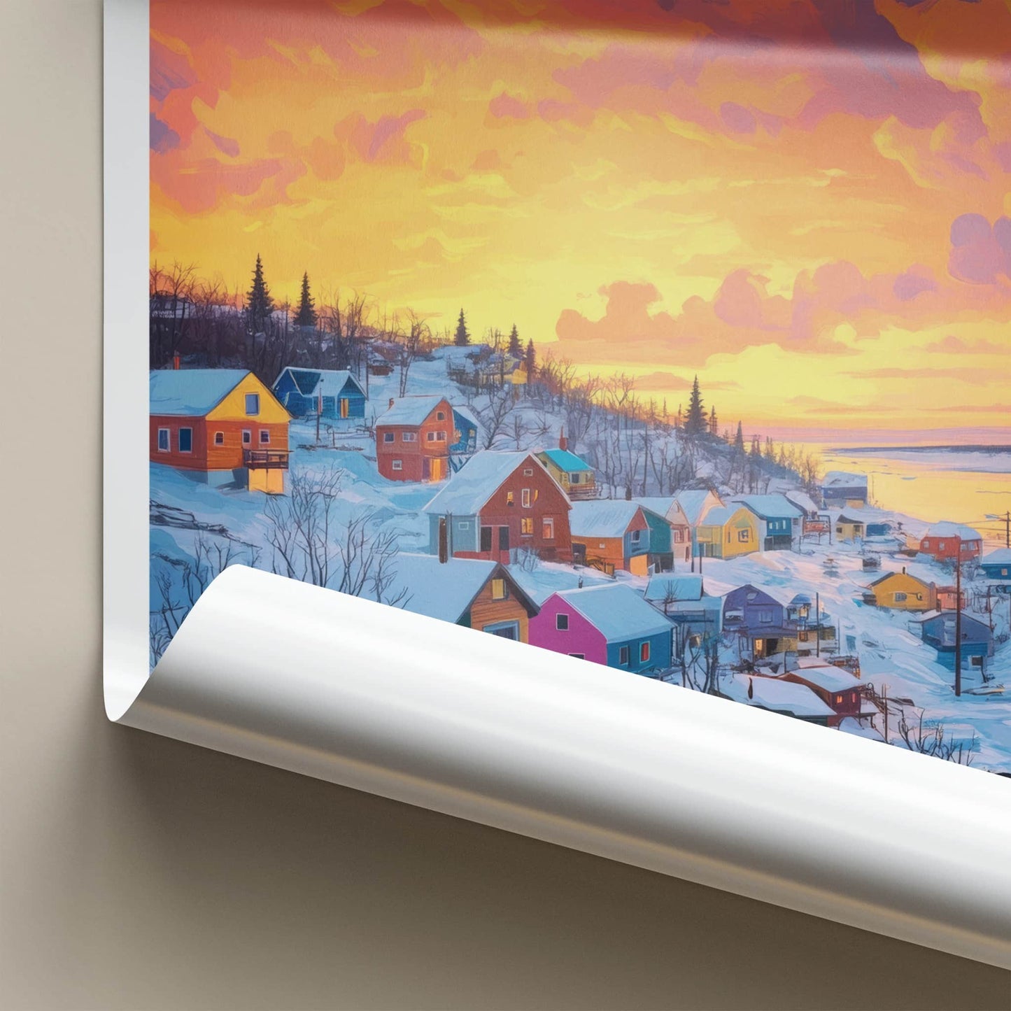Yellowknife Poster - Canada Travel Art - Snowy Village Sunset Home Decor