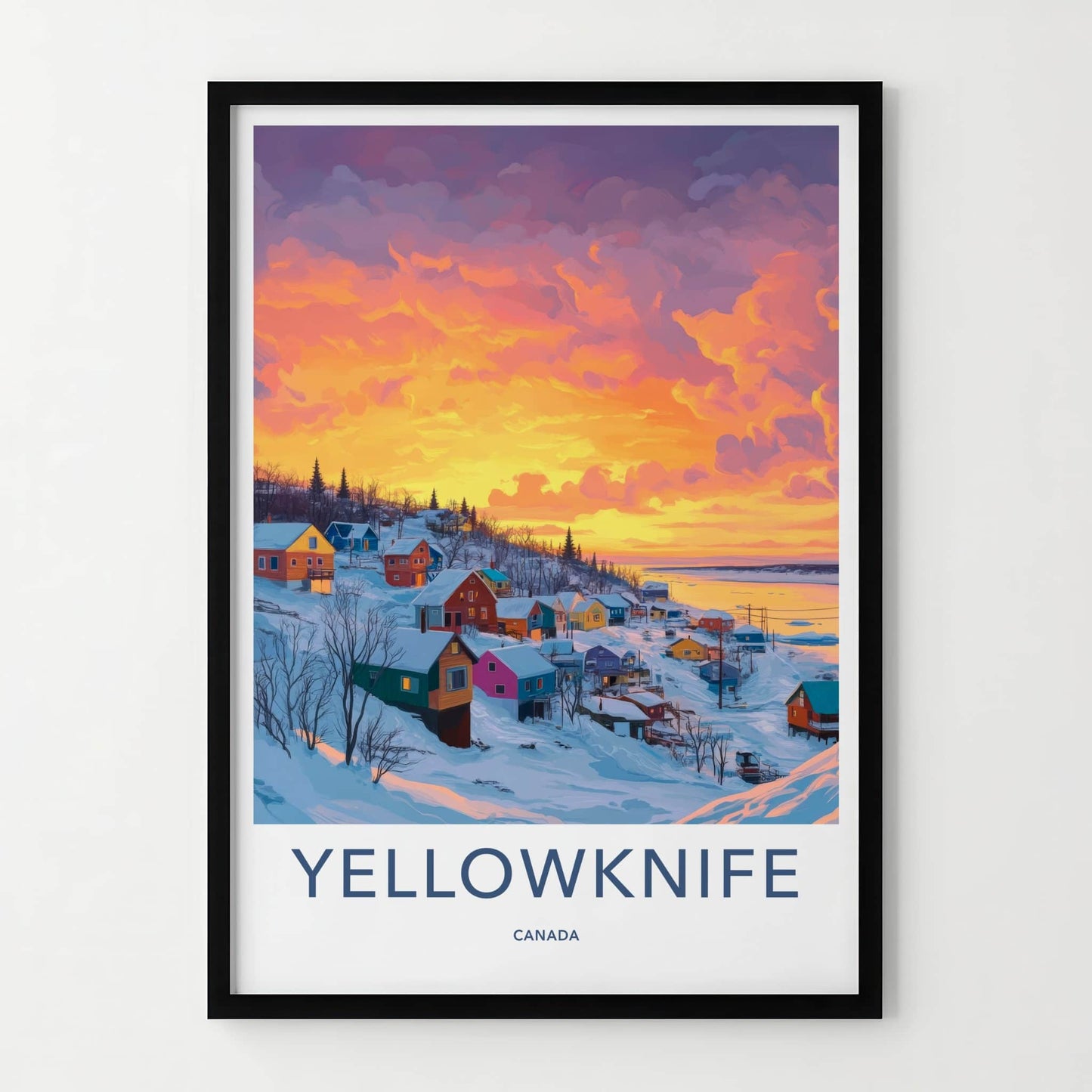 Yellowknife Poster - Canada Travel Art - Snowy Village Sunset Home Decor