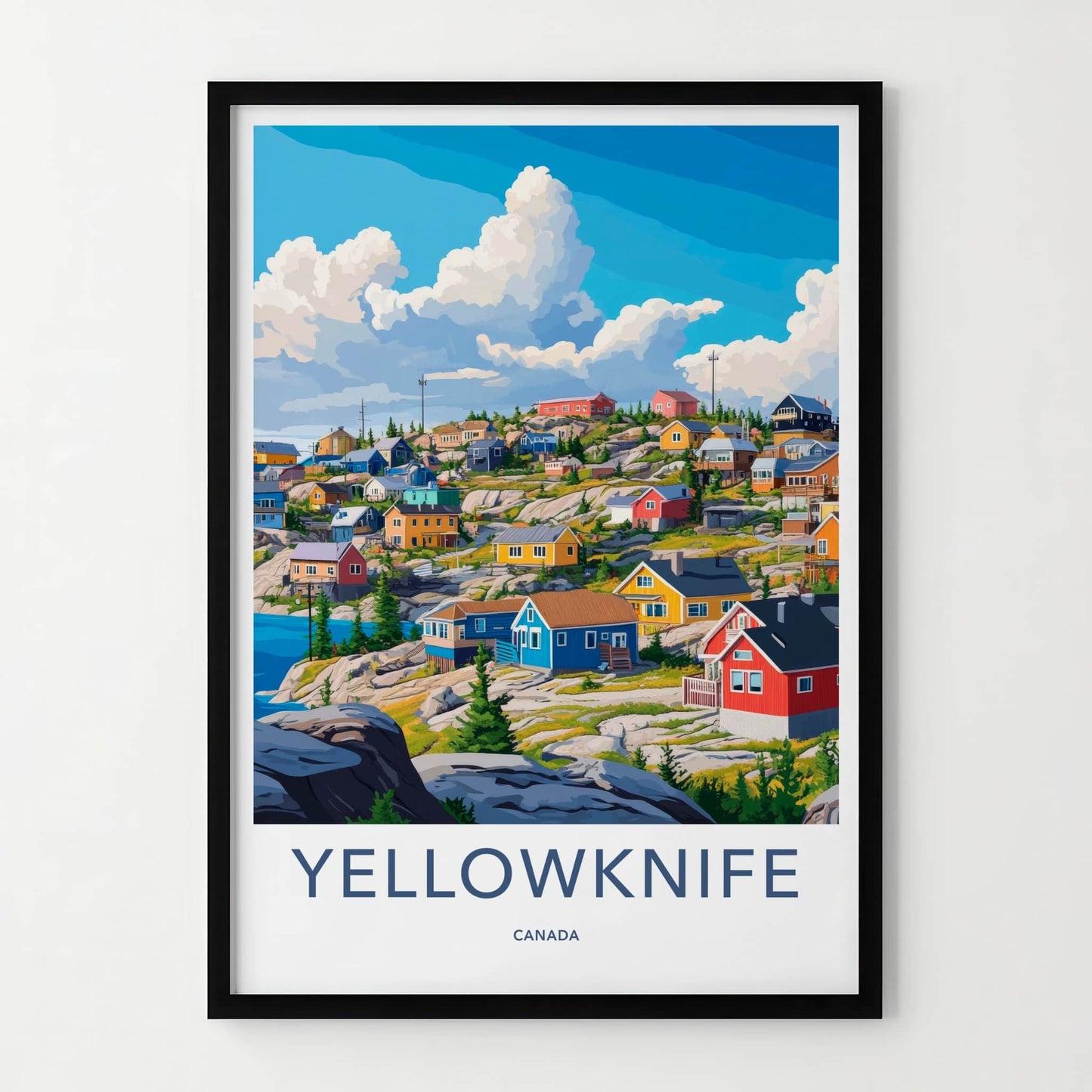 Yellowknife Poster - Canada Travel Art - Vibrant Lakeside Dwellings Home Decor