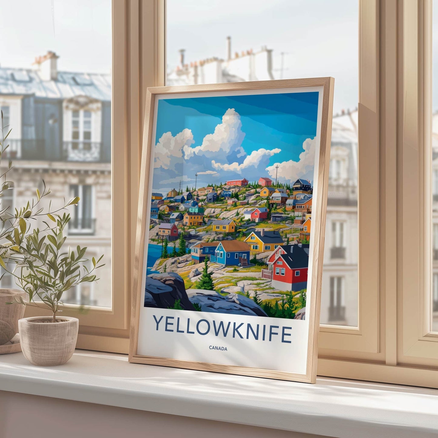 Yellowknife Poster - Canada Travel Art - Vibrant Lakeside Dwellings Home Decor