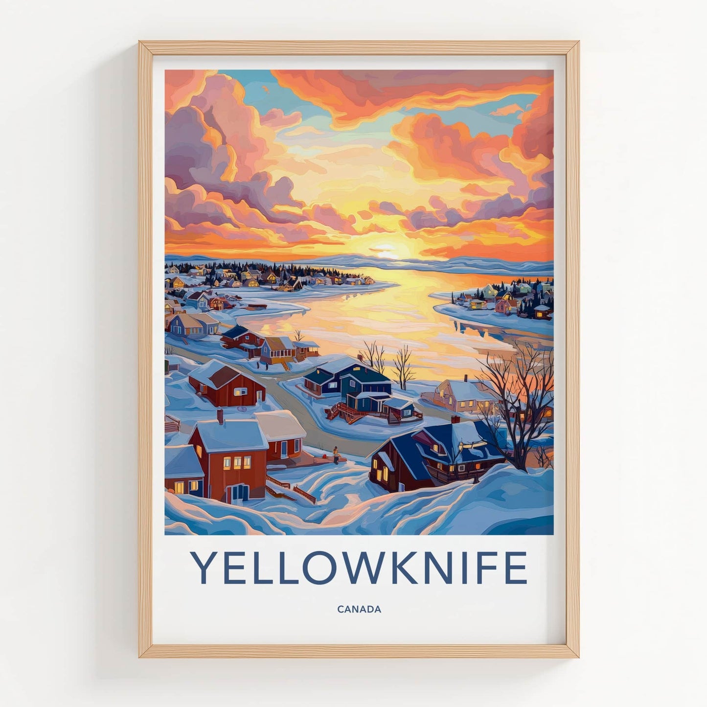 Yellowknife Poster - Canada Travel Art - Winter Lakeside Sunset Home Decor