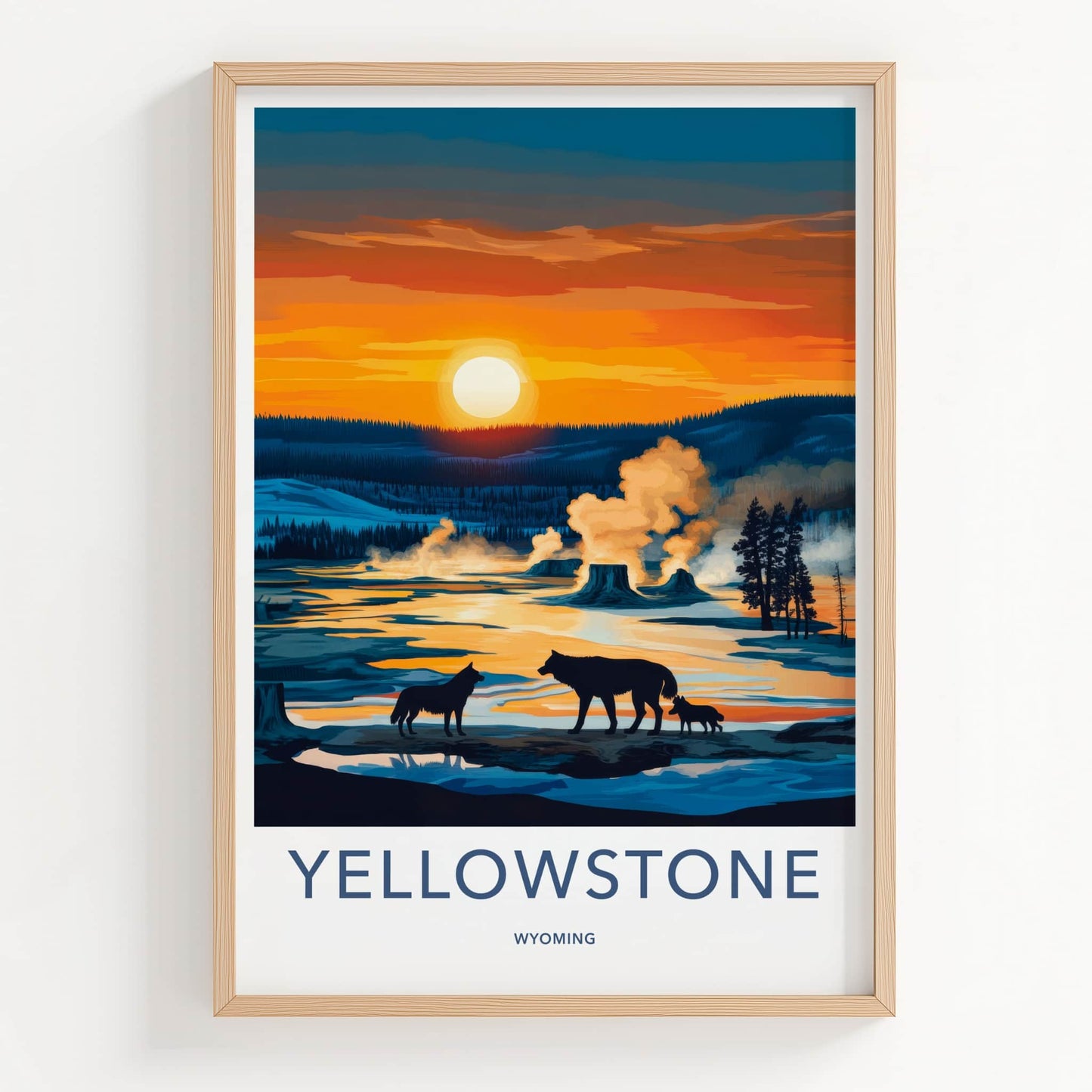 Yellowstone Poster - Wyoming Travel Art - Geysers Wildlife Sunset Home Decor