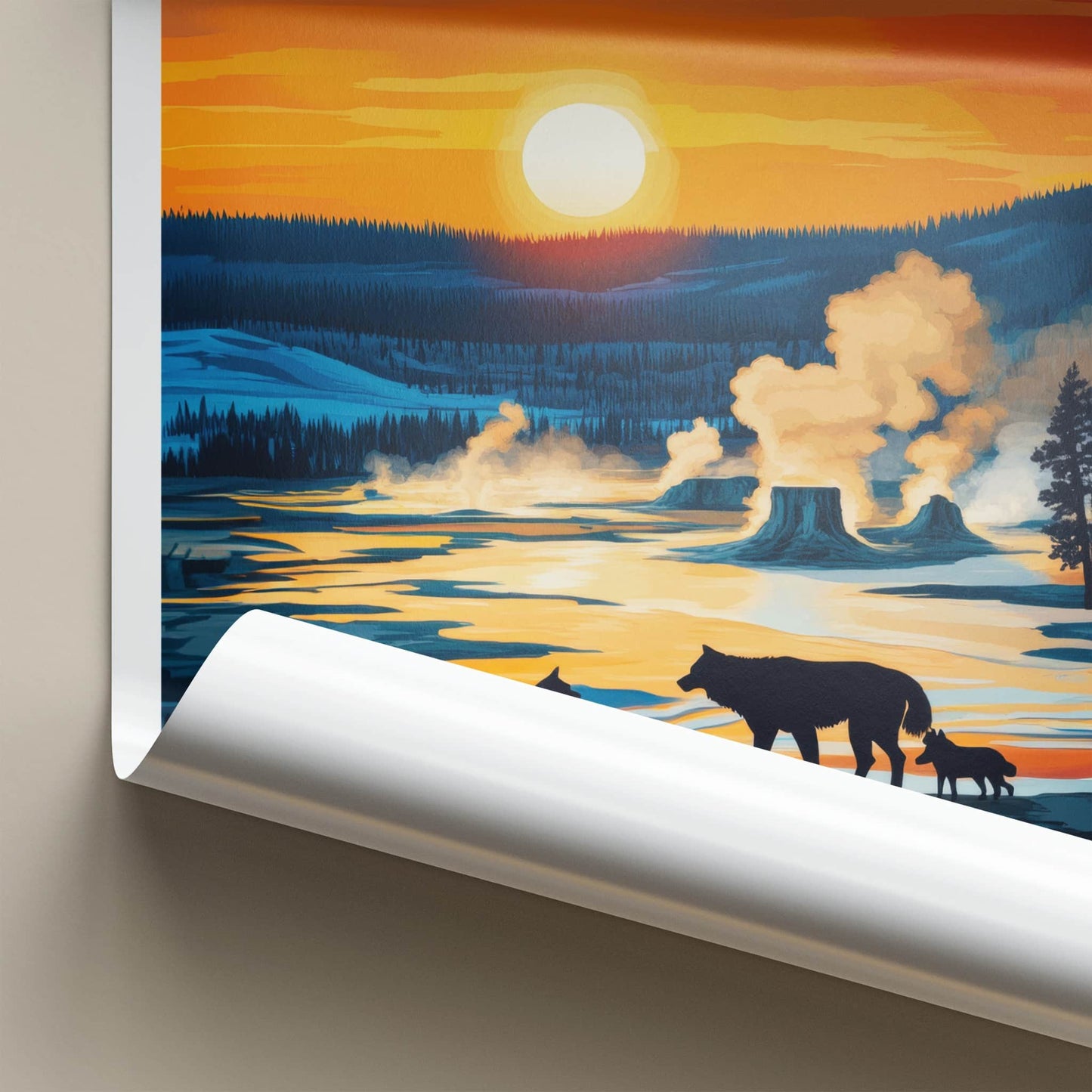 Yellowstone Poster - Wyoming Travel Art - Geysers Wildlife Sunset Home Decor