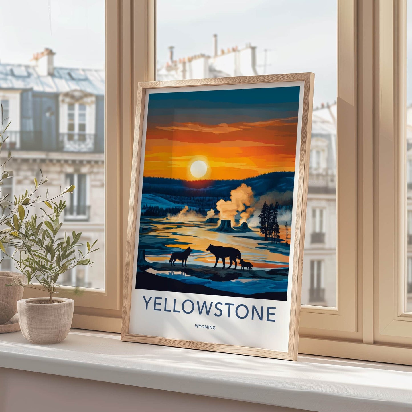 Yellowstone Poster - Wyoming Travel Art - Geysers Wildlife Sunset Home Decor