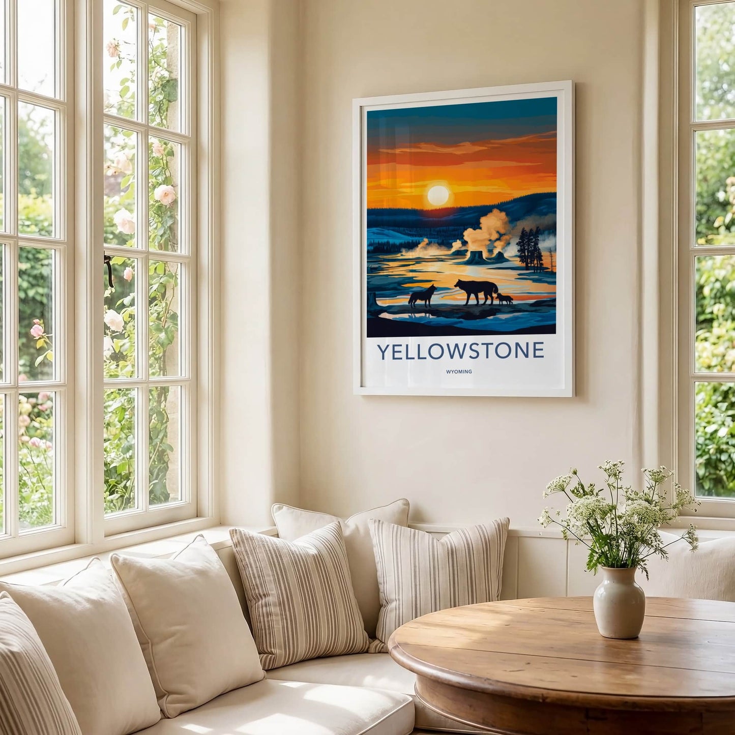 Yellowstone Poster - Wyoming Travel Art - Geysers Wildlife Sunset Home Decor