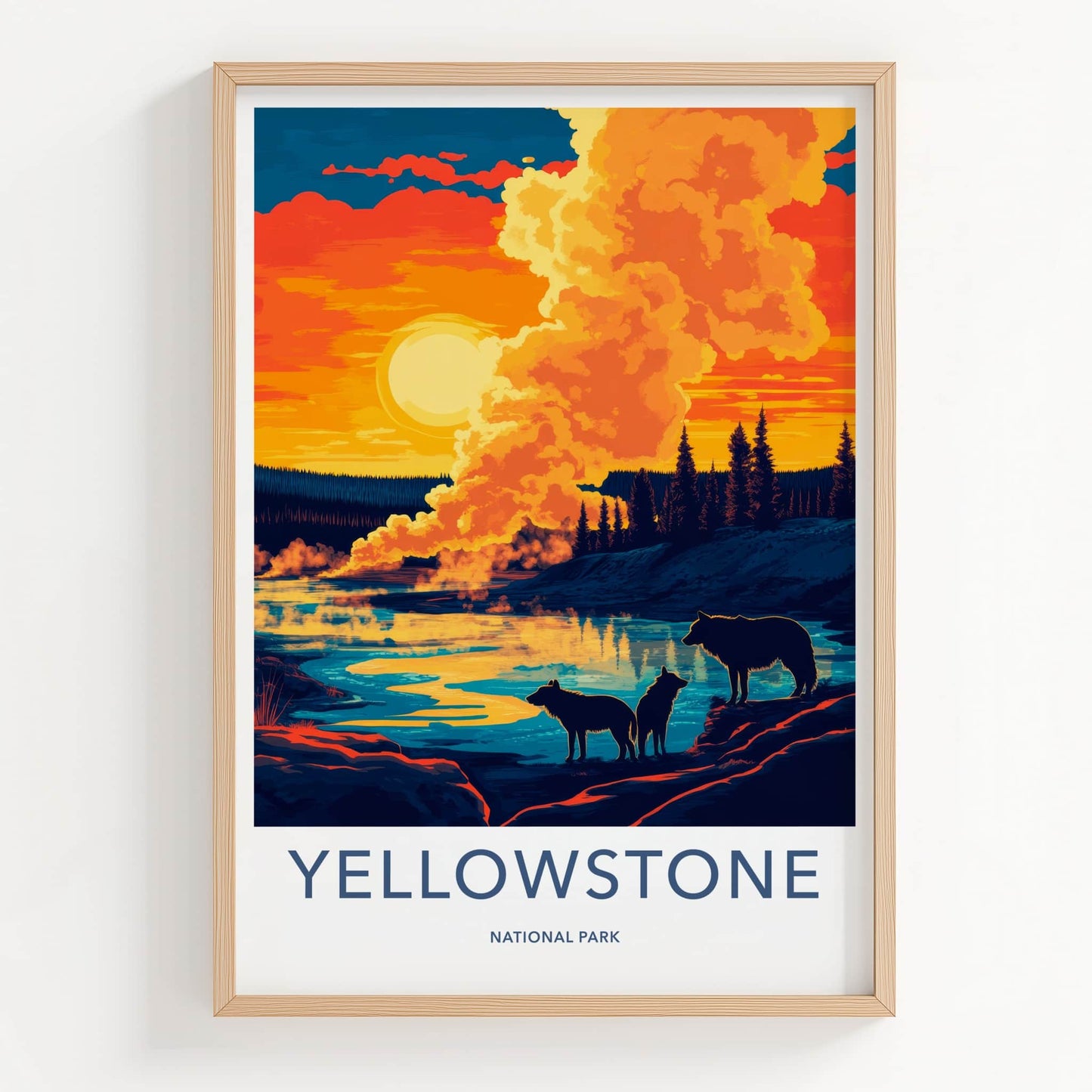 Yellowstone Poster - Wyoming Travel Art - Sunset Wolves River Home Decor