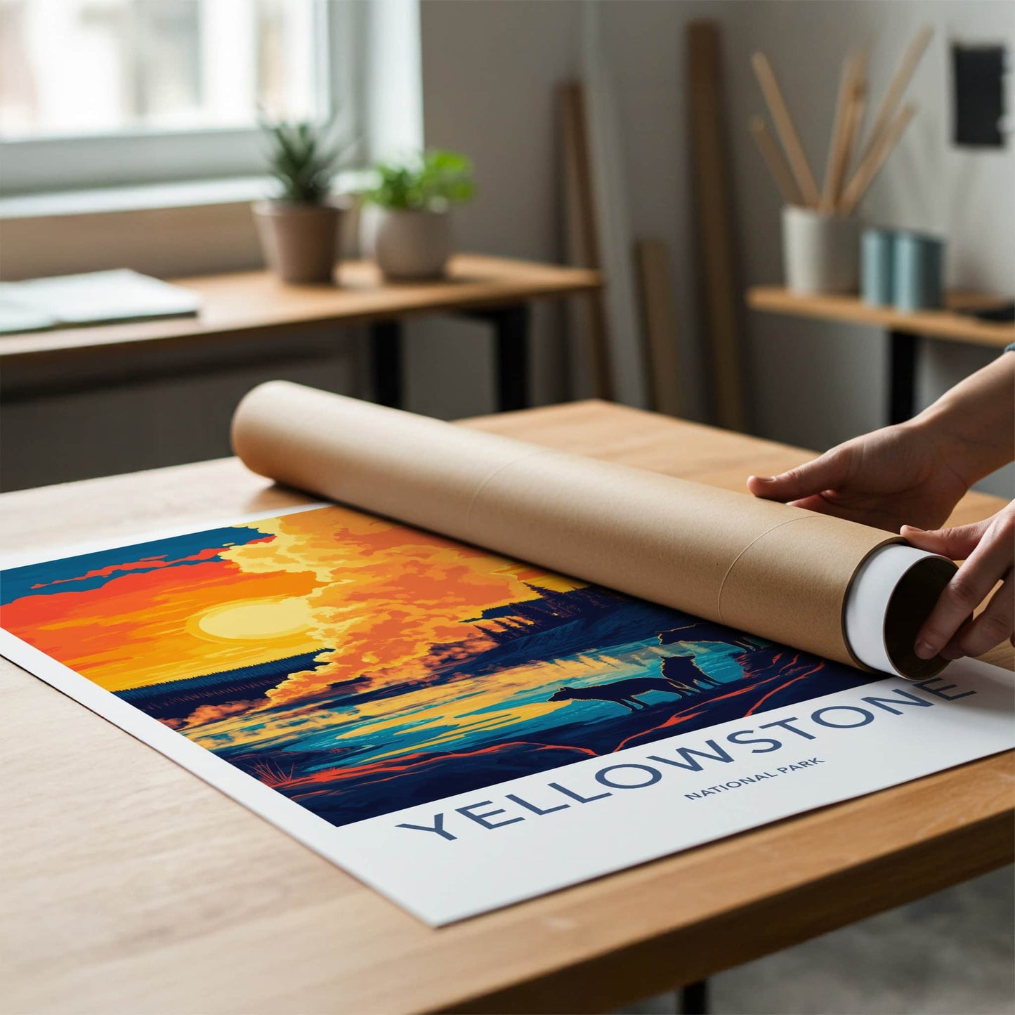 Yellowstone Poster - Wyoming Travel Art - Sunset Wolves River Home Decor