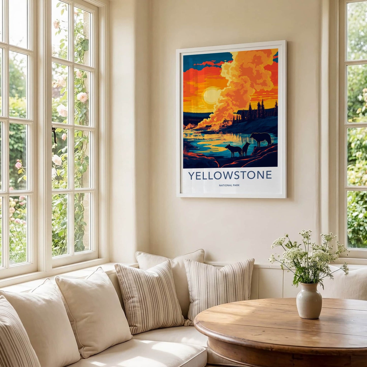 Yellowstone Poster - Wyoming Travel Art - Sunset Wolves River Home Decor
