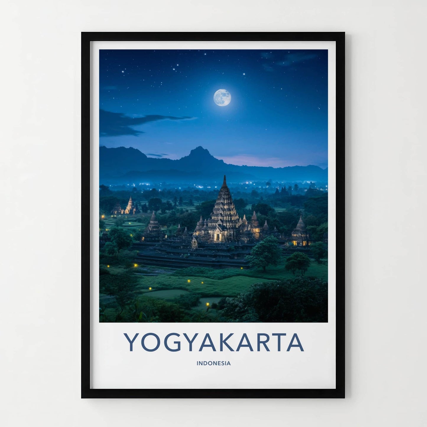 Yogyakarta Poster - Indonesia Travel Art - Ancient Temple Moonlight Wall Decor